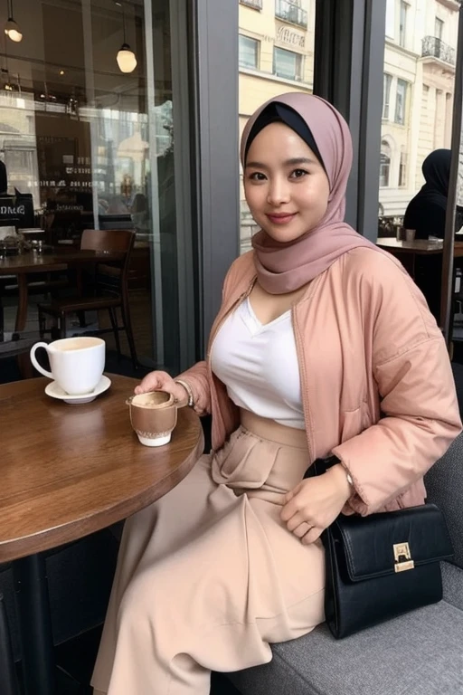 A single Malay female, cute Malay looks, 41 years old, chubby, wearing peach color oversized chest covering hijab, wearing black loose jacket, wearing long skirt, sitting and relaxing, enjoying coffee and croissant in a classy cafe, looking at viewer, smiling