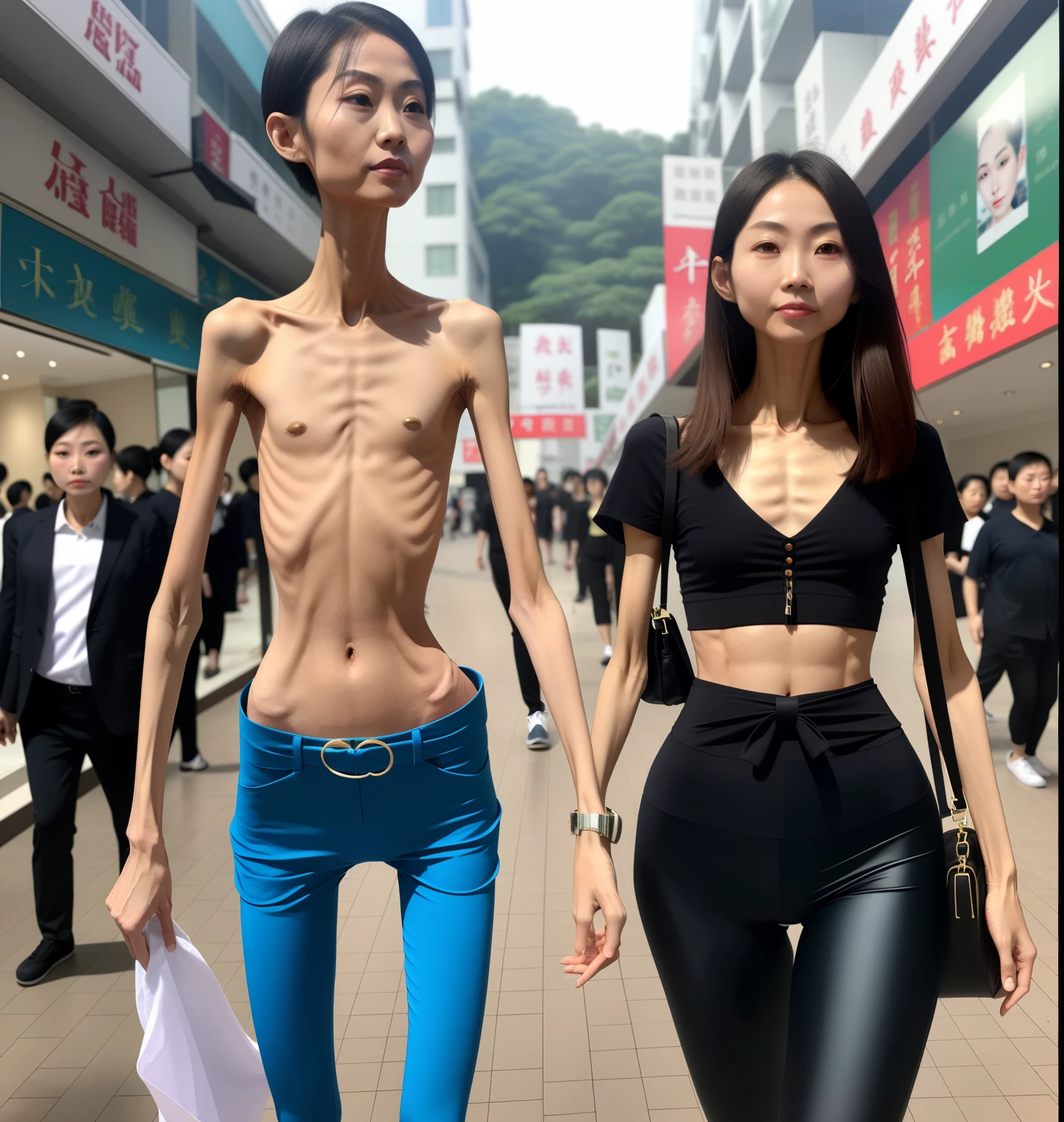 extremely thin woman，with fair skin，The body is very thin，Rib chest，Protruding sternum，The sternum is obvious，The waist is very thin，The ribs are noticeable，Protruding ribs，The pelvic protrusion is very obvious，Clear outline of pelvis，The crotch protrudes，thin shoulde，The waist is very thin，Sunken abdomen，Abdominal muscle atrophy，Delicate arms，arm muscle atrophy，Slender thighs，Short hair details，Asia face，Haggard expression，Excessive weight loss，sunken face，Severe malnutrition