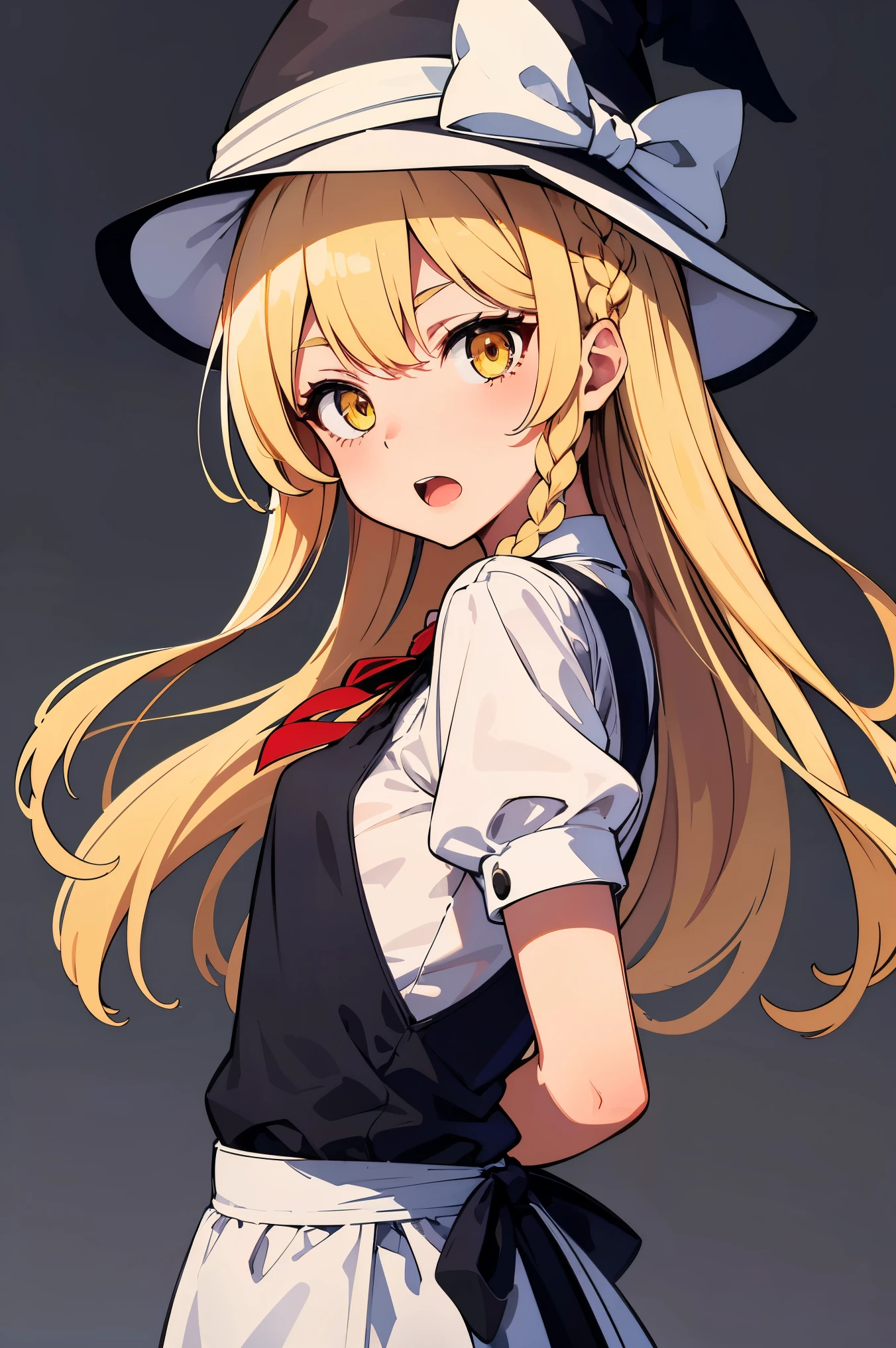 ((absurdres, highres, ultra detailed, high resolution, masterpiece, best quality, very fine 8KCG wallpapers)), 1 girl, solo, kirisame marisa, hat, witch hat, blonde hair, braid, long hair, black headwear, skirt, short sleeves, white shirt, white bow, vest, puffy sleeves, looking at viewer, open mouth, frills, bow, apron, hat bow, shirt, waist apron, puffy short sleeves, back bow, yellow eyes, eyebrows visible through hair, bangs, hair bow, single braid,