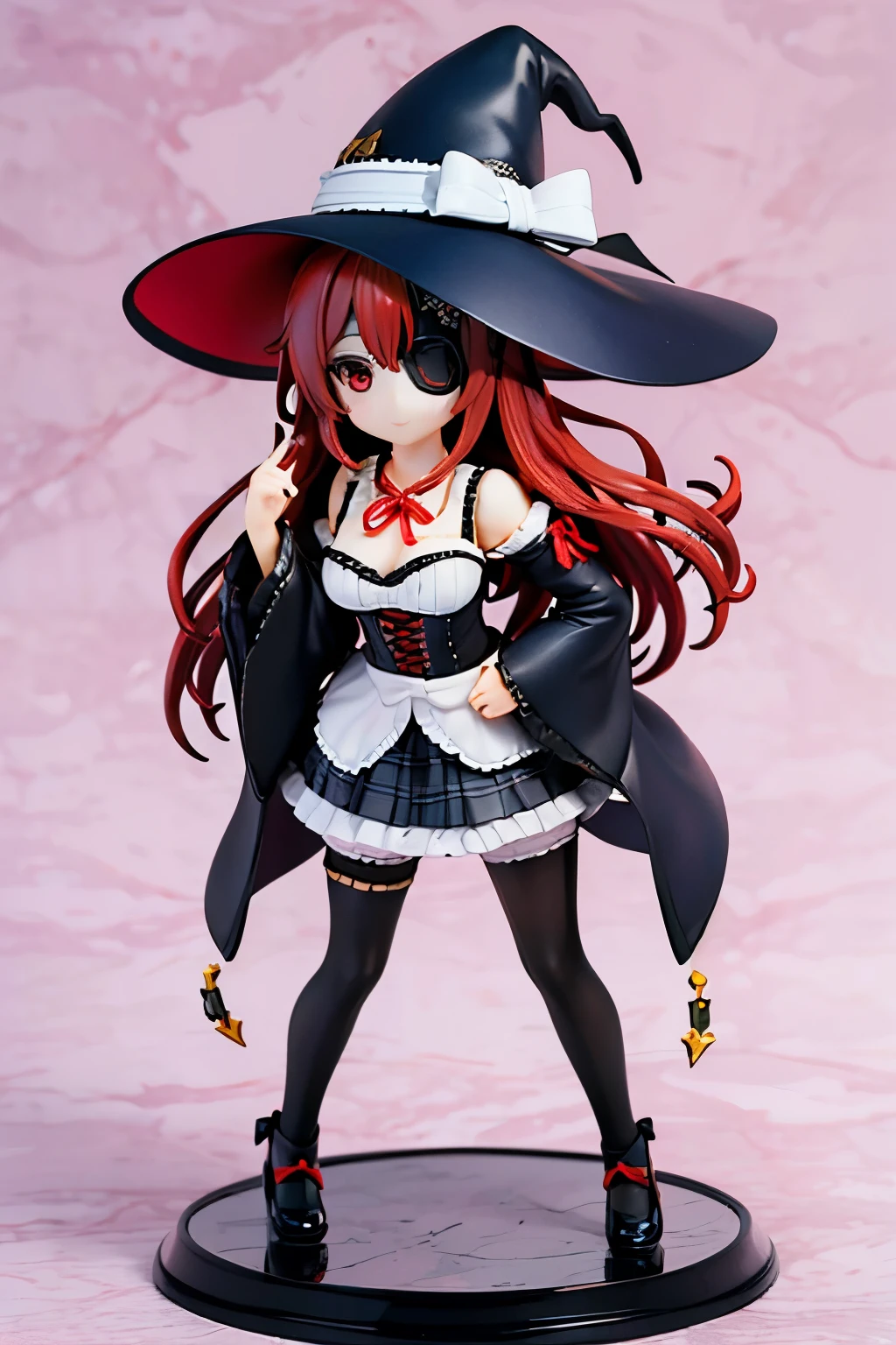 perfect face, ((eyepatch:1.2)), (long hair:1.4), (red hair, red eyes:1.4), Hwa Ryun, smile, 1girl, solo, hat, big hat, skirt, legging, witch hat, dirndl gown, black headwear, smile, outdoors, black skirt, looking at viewer, black legging, red witch hat, long sleeves, bangs, ribbon, frilled skirt, frills, plaid, bow, open clothes, blush, neck ribbon, Star shape eyepatch, gold eyepatch, standing, red ribbon, wide sleeves, hand on waist, medium breasts, full body, hollow eyes, white background, Action figure girl, nendoroid