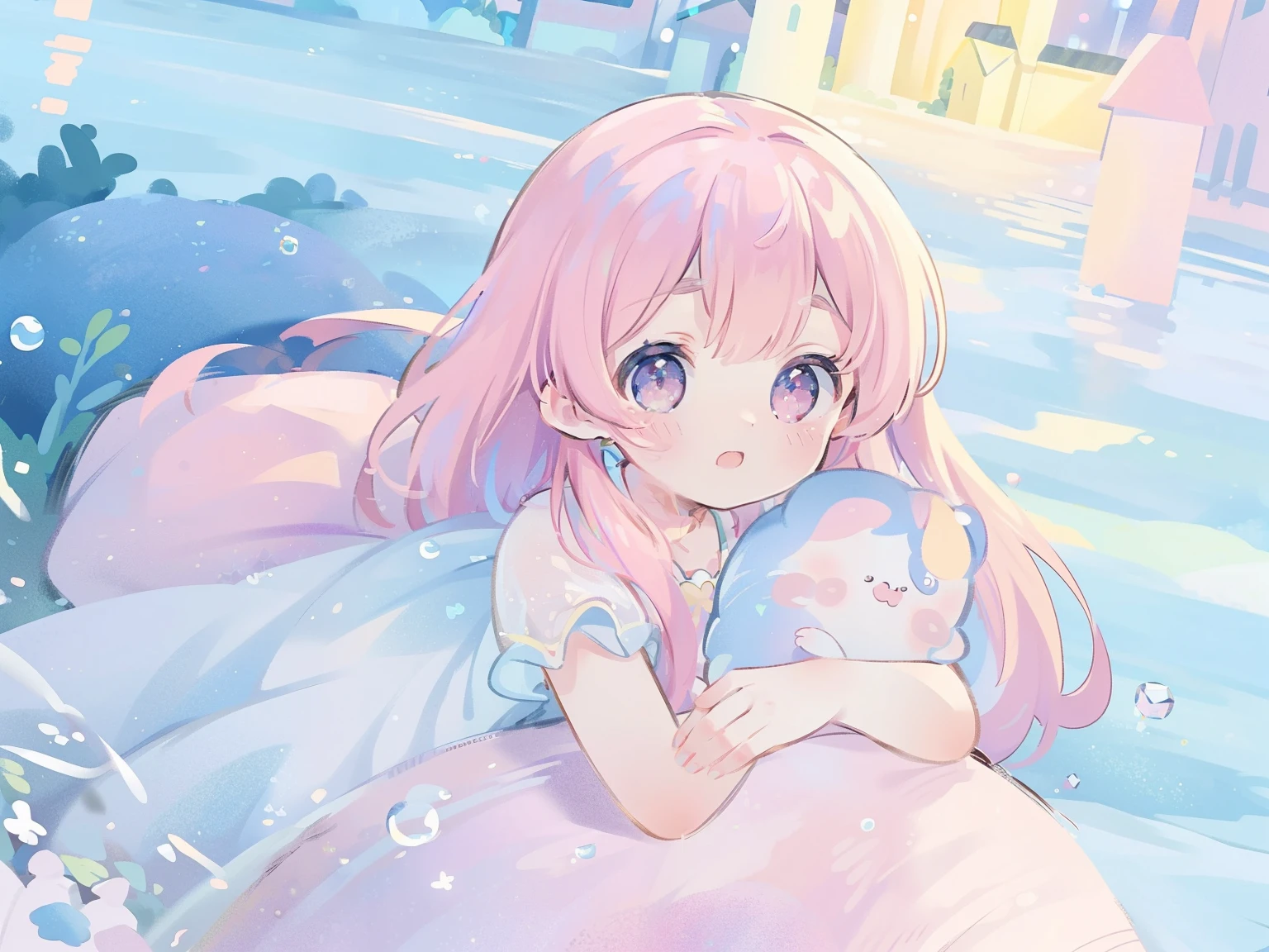 masutepiece, Best Quality, 8K resolution, Sharp Focus, intricate detailes, Beautiful Girl, Sparkling eyes, Golden Ratio Face, Otherworldly liquid, watercolor paiting, ((pastel color right color, capricious, Colorful, Sharp Focus, High resolution, Fine detail, Princess Fantasy Ball Gown, ((Round eyes)), Iridescent bubbles, Castle landscape in the background