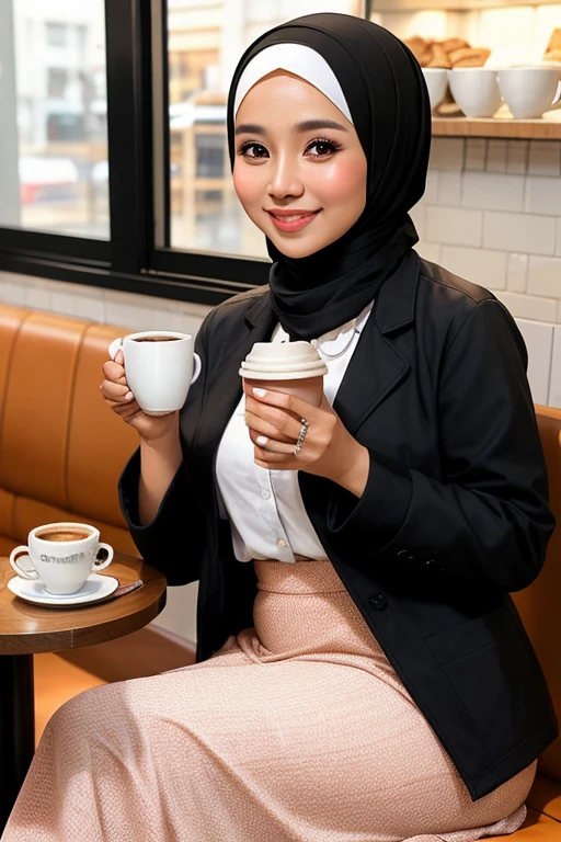 A single Malay female, cute Malay looks, 41 years old, chubby, wearing peach color oversized chest covering hijab, wearing black loose jacket, wearing long skirt, sitting and relaxing, enjoying coffee and croissant in a classy cafe, looking at viewer, smiling