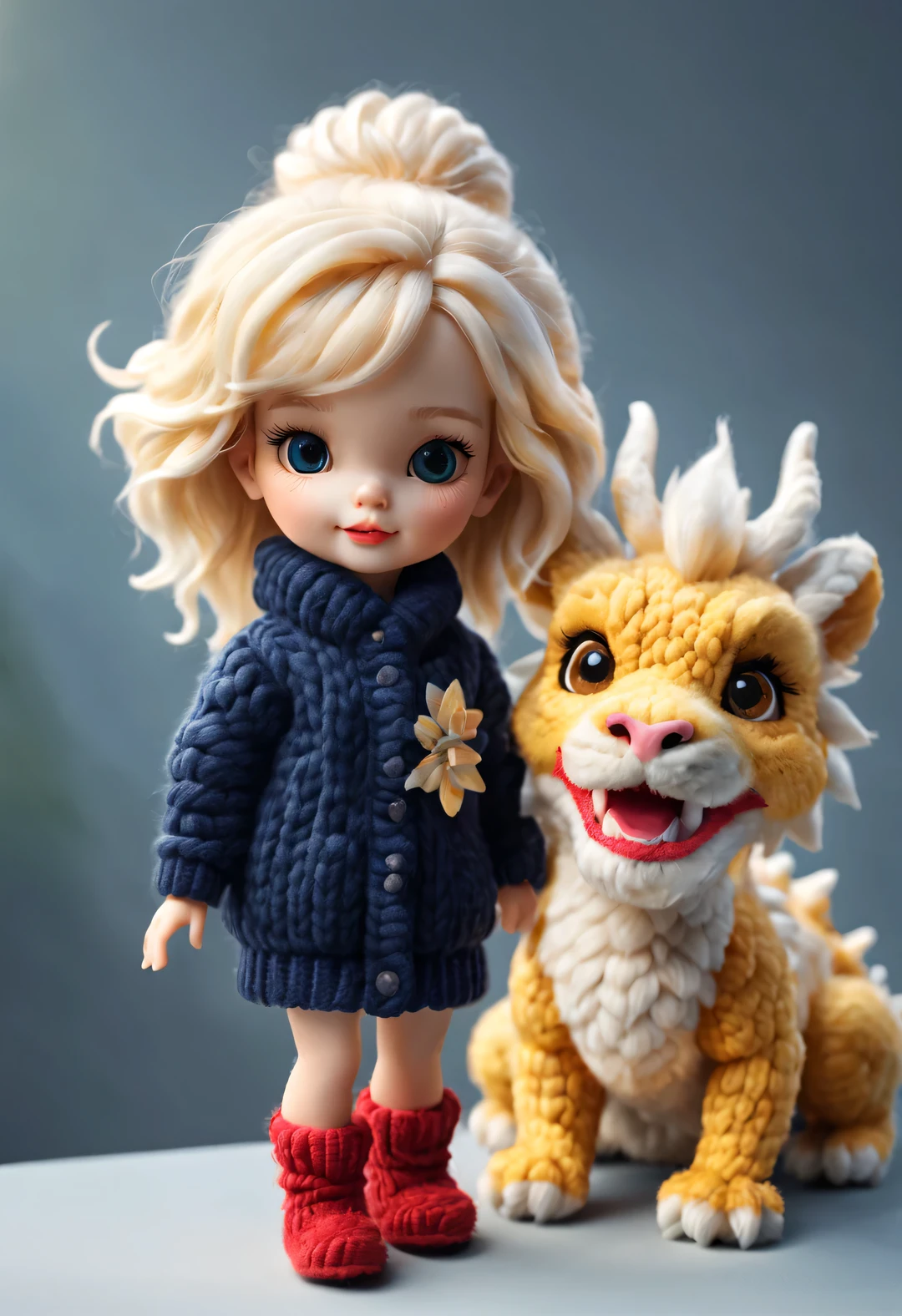 （2024 new year plush toy design），（Close-up of smiling cute Chinese dragon baby and barbie doll wearing winter high-end gorgeous fashion clothes with exquisite cashmere wool craftsmanship），（hairy pubic hair） ，， Background with：Dark navy and fiery red，2024 new year elements，heavy snow ground，golden colored，
Cute 3d rendering，，Apply exquisite skills and superb technology，Weave wool into a variety of styles and textures。ao mesmo tempo，Pay attention to the edge of the sweater、sutured、Details such as stitching ensure smooth lines of the sweater、Smooth and traceless，Demonstrate perfect craftsmanship quality。Cute and detailed digital art，Miniature feeling，stylized 3d render，3d rendered figure art 8k，lovely digital painting，Anime style 3D，Ultra-detailed rendering