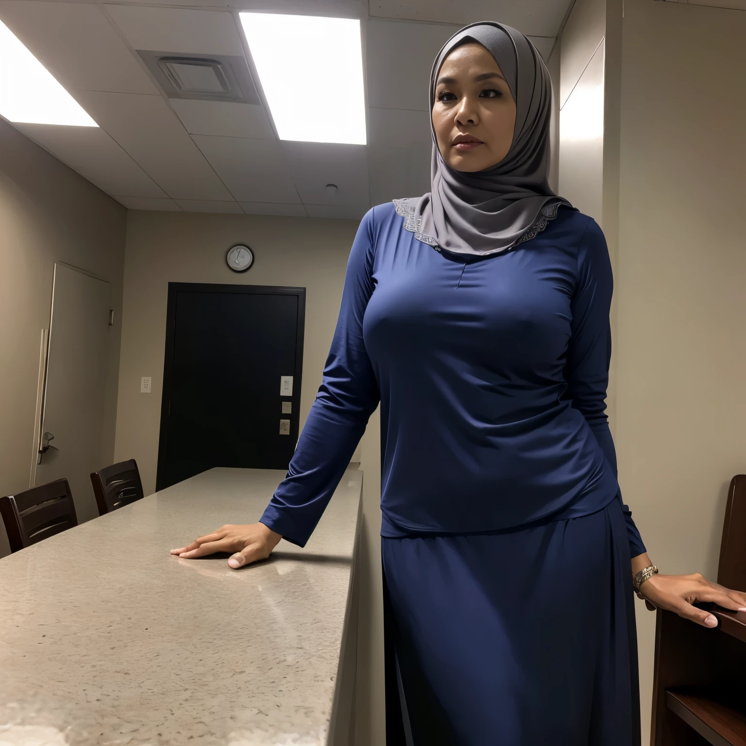 52 years Old, Hijab Indonesian mature woman, Extra Large Tits : 146.9, Long-sleeveles Shirt, Slim body, at doctor office, Dark light, at Daytime