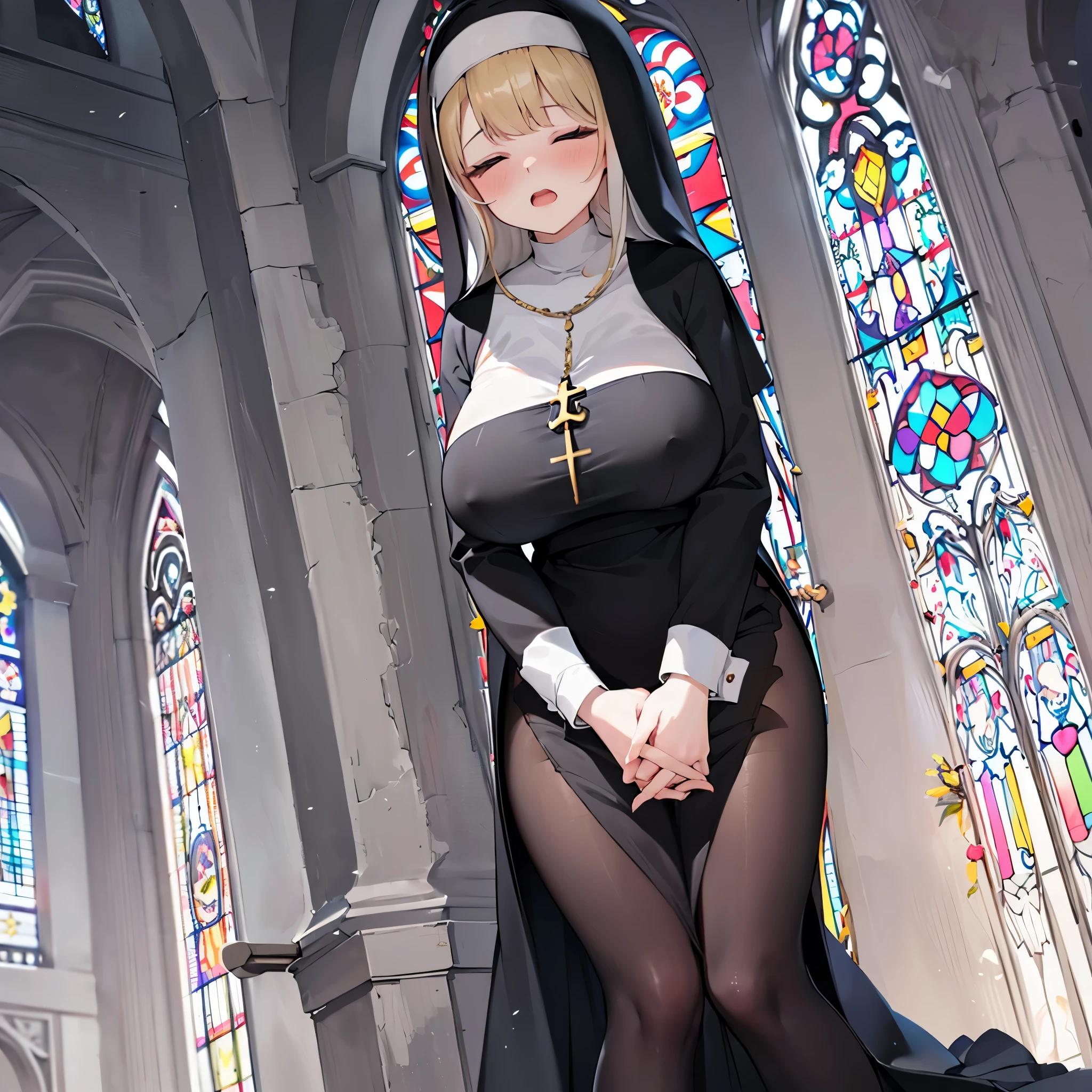 (solo 1 praying nun:1.3) standing in church, praying with holding hands together over chest, very thin, (black sheer long dress:1.5), (gigantic breasts:1.3), (bursting breasts:1.2), (black sheer long skirt:1.4), inconceivably thin waist, closing eyes, nose blush, open mouth, (heavy breathing:1.2), stained glass, full body, 8k, ultra-detailed, masterpiece