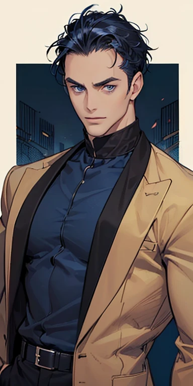 ((masutepiece)), ((Best Quality)), ((Brown skin)), ((Dark blue eyes)), ((Dark blue hair))、Handsome man , ((Very short hair、Forehead)), masculine、tall、A sexy、 man、Sanpaku eyes、Smirk、Suits、handsome man、Shigeru Koura、Firmly、well-muscled、broad shoulders、Allback