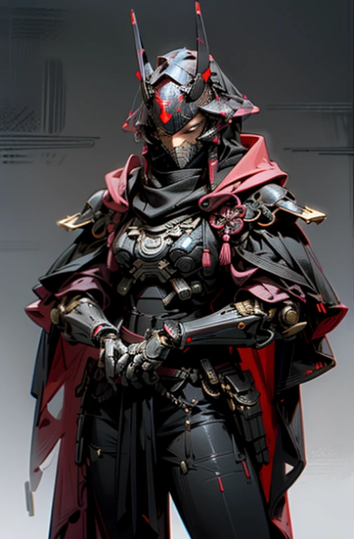 4k, high quality image, Dark_Fantasy,Cyberpunk,1manMechanical marvel,Robotic presence,Cybernetic guardian, samurai mechanical armour, holding a katana on the waist with both hands, absolutely stunning art,wearing a black cloak, highest quality art, highest resolution ancient cyberpunk Japan background, hyper detailed,black and red, futuristic, samurai robot, atmospheric,8k,64k, HD, unparalleled masterpiece, dynamic lighting, cinematic, epic, cinematic lights, ultra detailed