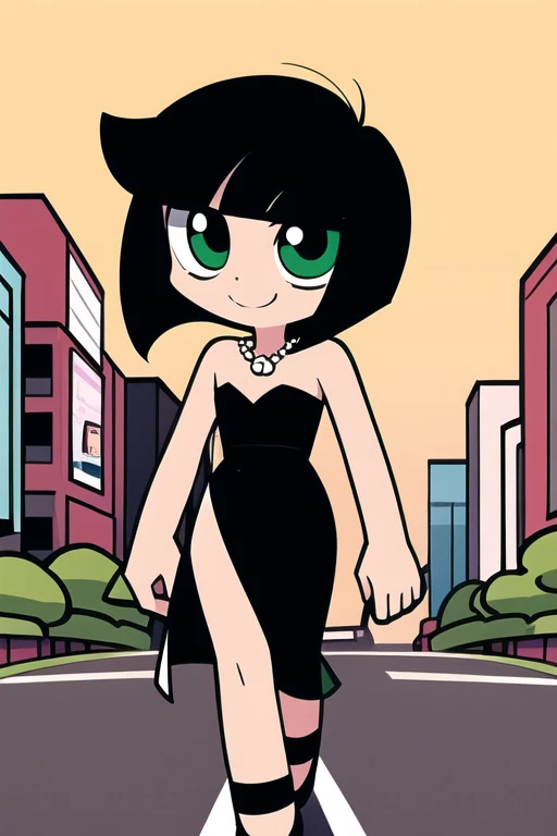 1 girl, solo, A Powerpuff Girl named Buttercup, short black hair, bob cut, medium hair, green eyes, in a little black dress, a short black dress, a longer body, all grown up, a teenager style, with a pearl necklace, bare shoulders, black high heels, and being so beautiful, walking in the street, at night time in the city, in 2D illustration, 2D art style, smile.