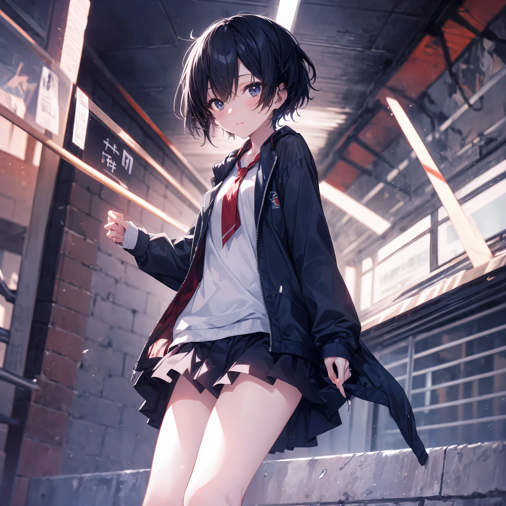 Super high quality by the art god, Ultra-detailed, High resolution, Shinkai Makoto style, anime moe art style, best anime 8K konachan wallpaper, Pixiv Contest Winner, Perfect Anatomy, BREAK,(Please draw a sleepy girl going to school alone.. ),BREAK, a hyperrealistic schoolgirl, (Solo,Lori,child,13years:1.3),Full limbs, complete fingers,a junior high school student, Androgynous attraction, (extra very short hair), hair messy, flat and soft chest, Small butt, groin, Small eyes,Beautiful detailed black eyes, Well-proportioned iris and pupils, disgusted eye, High resolution detailed hair, School uniform, Skirt, On the way to school. BREAK,Ultra-detailed細なスキン, Best lighting by famous artists, 8K, Illustration,