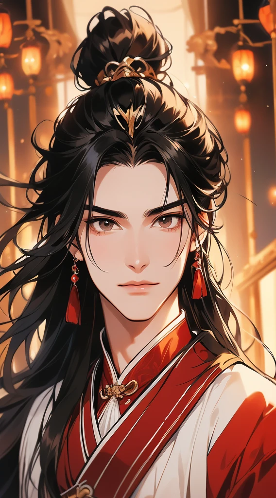 Best quality,A high resolution,The image is clear:1.2,一个穿着red color Hanfu的男人,red color Hanfu,Bad laughs,,Hanfu,the only person,,Long black hair and high ponytail,ancient chinese auction,