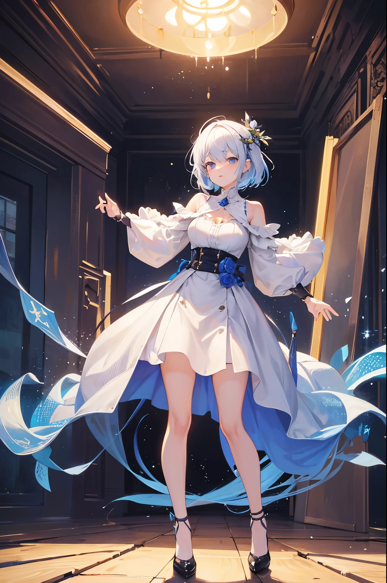 (Masterpieces: 1.2), PERFECT FACE, (extremely detailed CG unity 8k wallpaper, masterpiece, best quality, ultra-detailed), (best illumination, best shadow, an extremely delicate and beautiful), a cool, dynamic, and 1 mature girl character with a (dynamic pose) and silver (hime cut hair: 1.3) and fantasy suit that reflects the light beautifully. lost heaven background, light pillars, light sword encircling, ergonomic, magnificent background, full body
