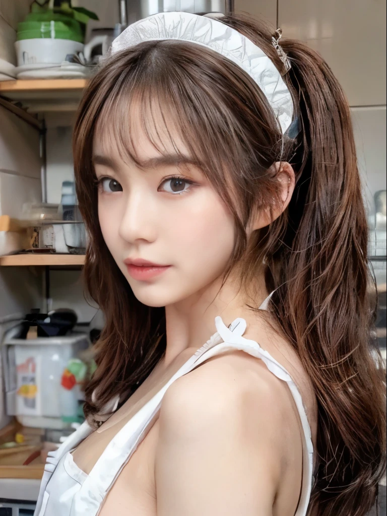 ((Best quality, 8k, Masterpiece :1.3)), 1girl, korean, silk-brown ponytail hair, slender pretty woman,small  breasts :1.3, (kitchen, naked apron:1.2), Ultra-detailed face, Highly detailed lips, Detailed eyes, Double eyelid,