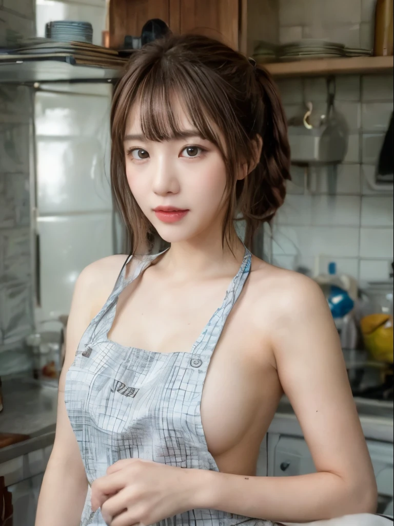 ((Best quality, 8k, Masterpiece :1.3)), 1girl, korean, silk-brown ponytail hair, slender pretty woman,small breasts :1.3, (kitchen, naked apron:1.2), Ultra-detailed face, Highly detailed lips, Detailed eyes, Double eyelid,