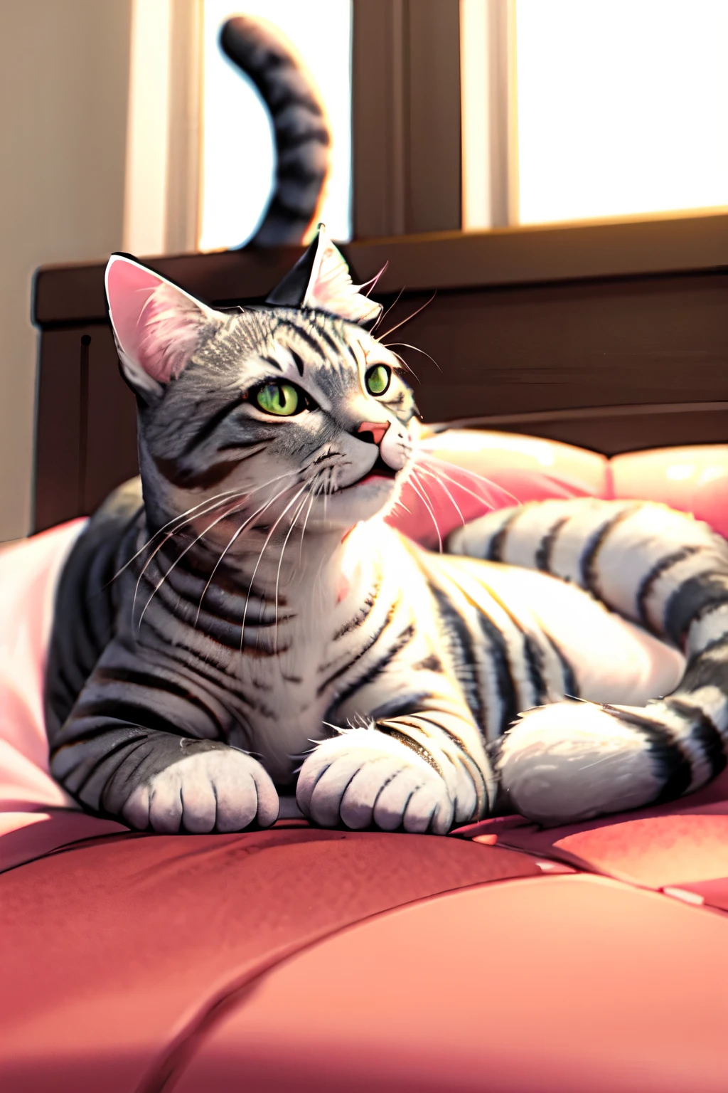 Morning light、gray striped cat、smart female cat、Beautiful fece、Relax on a pink futon