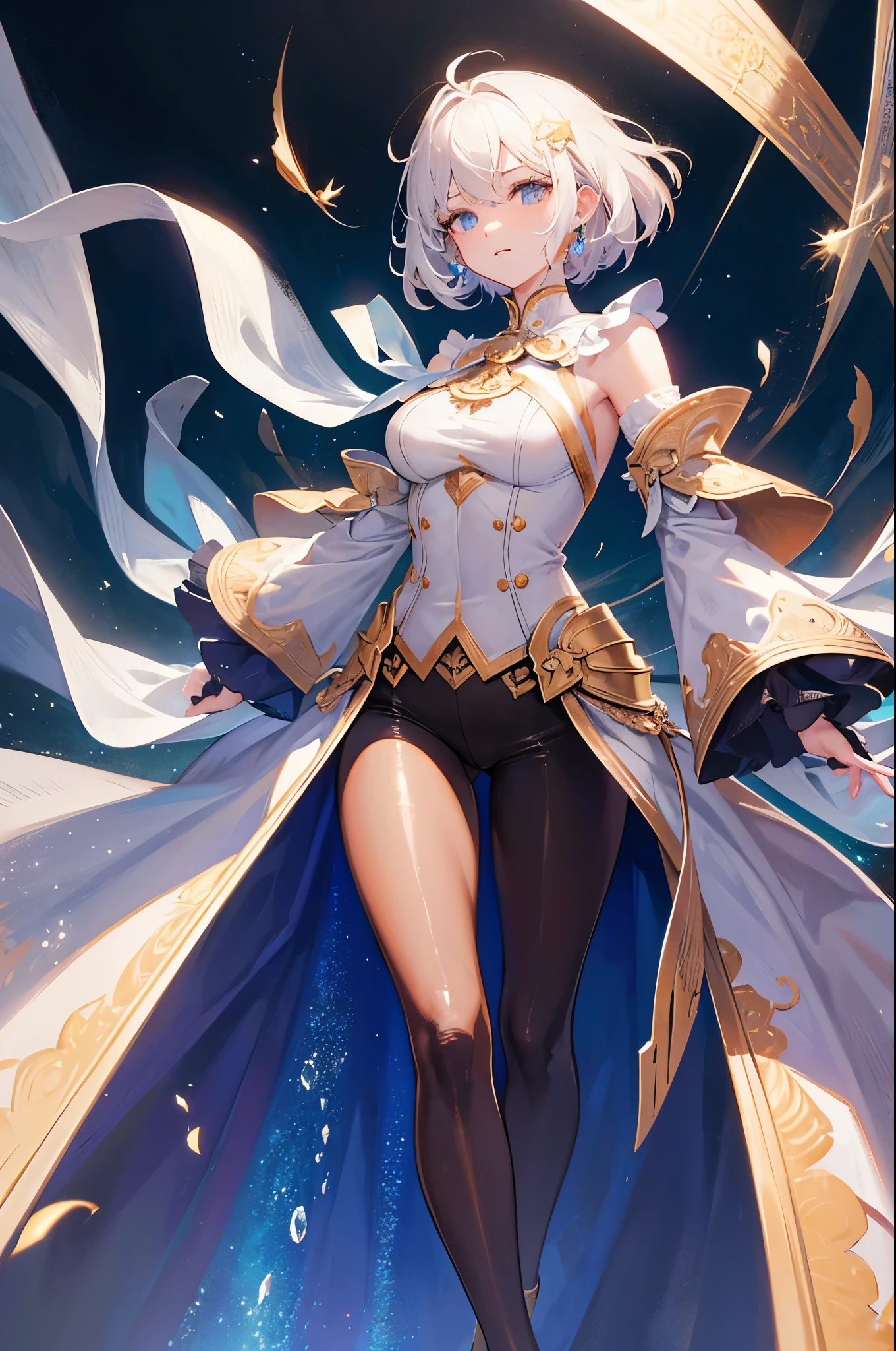 (Masterpieces: 1.2), PERFECT FACE, (extremely detailed CG unity 8k wallpaper, masterpiece, best quality, ultra-detailed), (best illumination, best shadow, an extremely delicate and beautiful), a cool, dynamic, and 1 mature girl character with a (dynamic pose) and silver (hime cut hair: 1.3) and fantasy suit that reflects the light beautifully. lost heaven background, light pillars, light sword encircling, ergonomic, magnificent background, full body