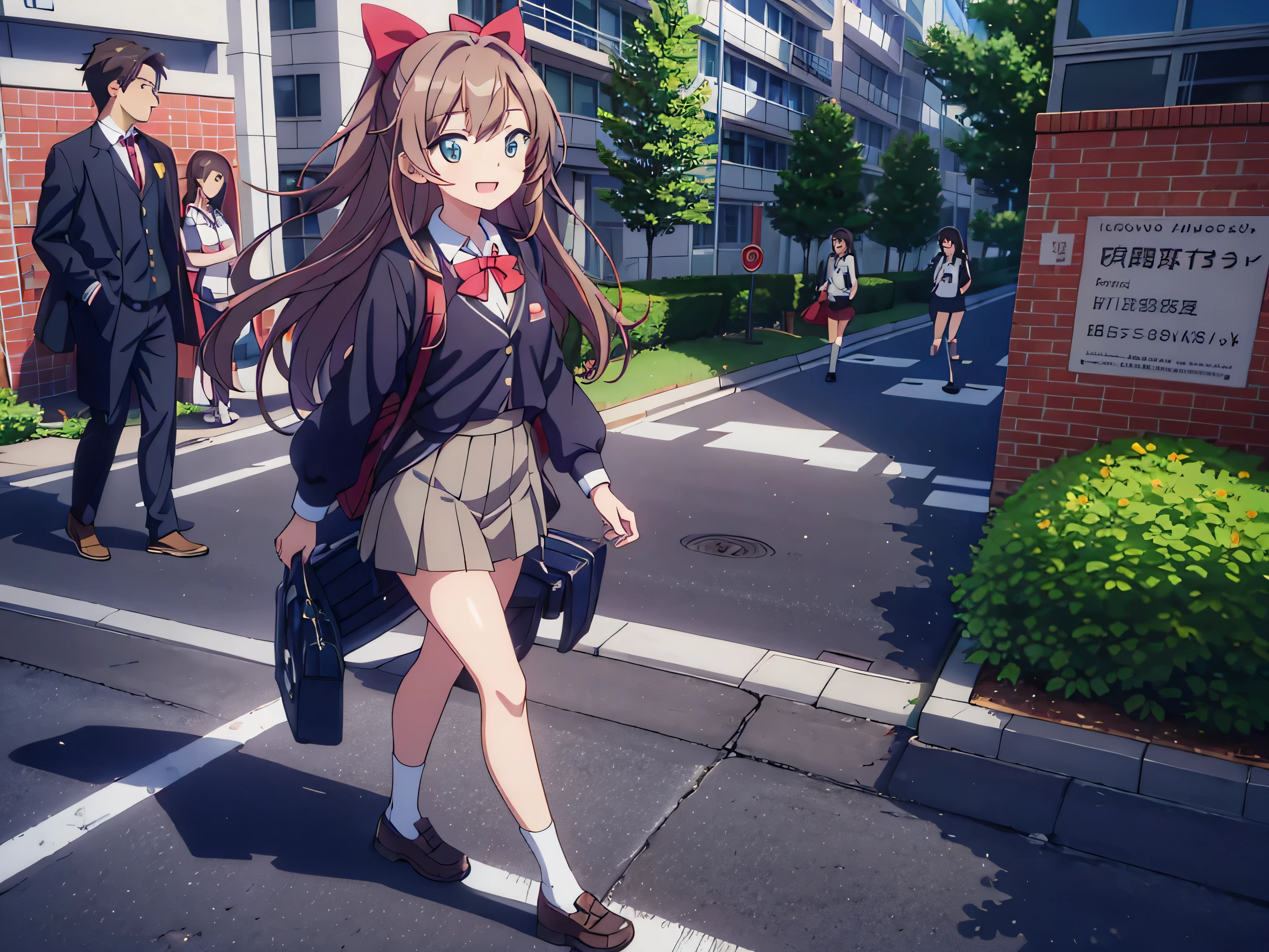 estilo anime, a young 20 year old student is walking on the sidewalk, perspectiva de cima para baixo, dia, carros passando por ali, uma jovem estudante de 20 anos extremamente bonita e sorridente, cabelos castanhos longos, wearing a gray school uniform with a red bow, top camera angle that allows you to see your feet, cinemactic, olhos verdes grandes e perfeitos.