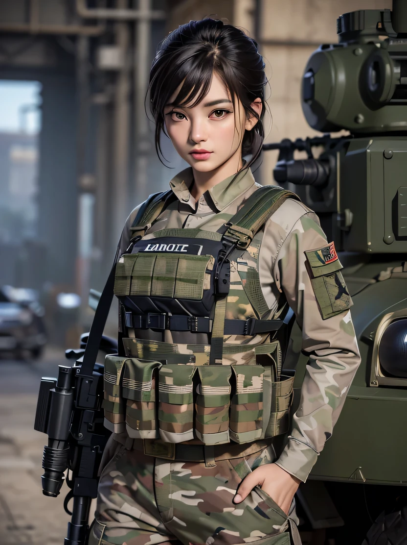 (Best Quality, Ultra Detailed, Best Illustration, Best Shadow, Masterpiece, High Resolution, Professional Artwork, Famous Art), (1 Girl, Solo), Wearing Epic, (Ball Holding, holding_gun:1.0), (Rifle, assault_rifle:1.3), (trigger_discipline:1.2), Earth Sauce, Camouflage, Load-bearing Vest