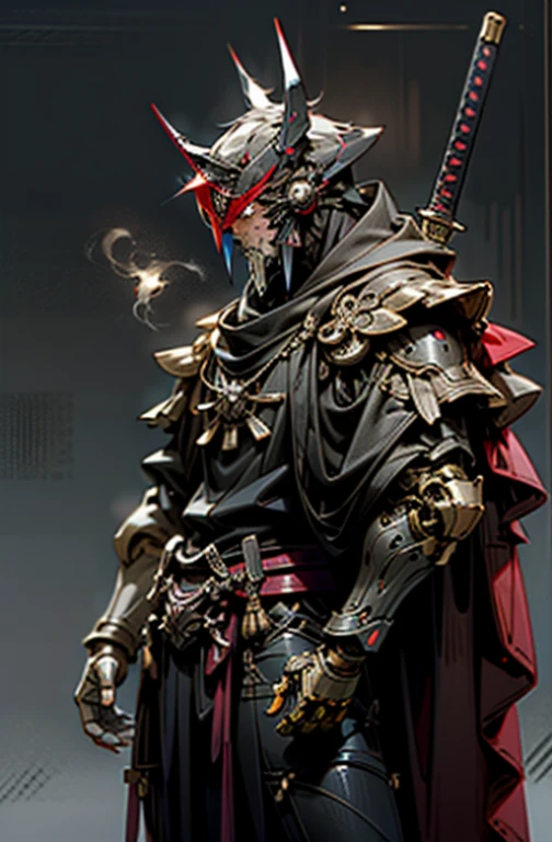 4k, high quality image, Dark_Fantasy,Cyberpunk,1manMechanical marvel,Robotic presence,Cybernetic guardian, samurai mechanical armour, holding a katana on the waist with both hands, absolutely stunning art,wearing a black cloak, highest quality art, highest resolution ancient cyberpunk Japanese village at background, hyper detailed,black and red, futuristic, samurai robot, atmospheric,8k,64k, HD, unparalleled masterpiece, dynamic lighting, cinematic, epic, cinematic lights, ultra detailed