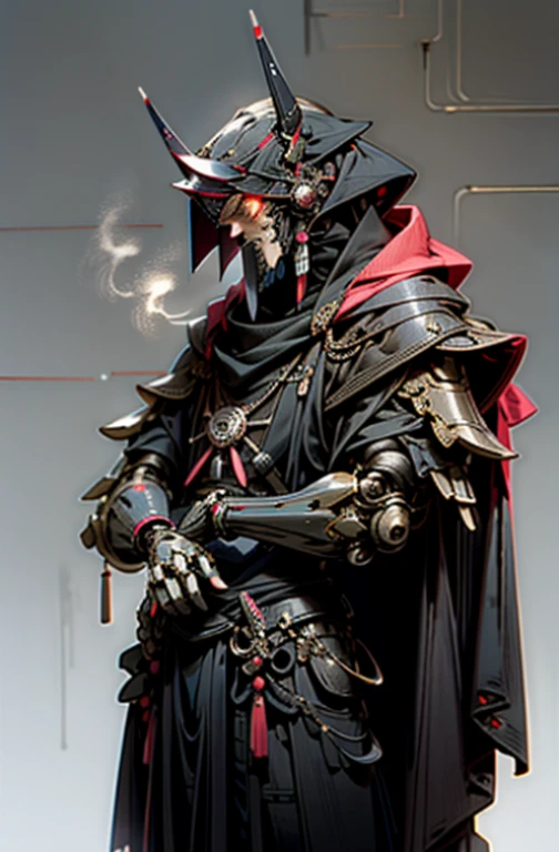 4k, high quality image, Dark_Fantasy,Cyberpunk,1manMechanical marvel,Robotic presence,Cybernetic guardian, samurai mechanical armour, holding a katana on the waist with both hands, absolutely stunning art,wearing a black cloak, highest quality art, highest resolution ancient cyberpunk Japanese village at background, hyper detailed,black and red, futuristic, samurai robot, atmospheric,8k,64k, HD, unparalleled masterpiece, dynamic lighting, cinematic, epic, cinematic lights, ultra detailed