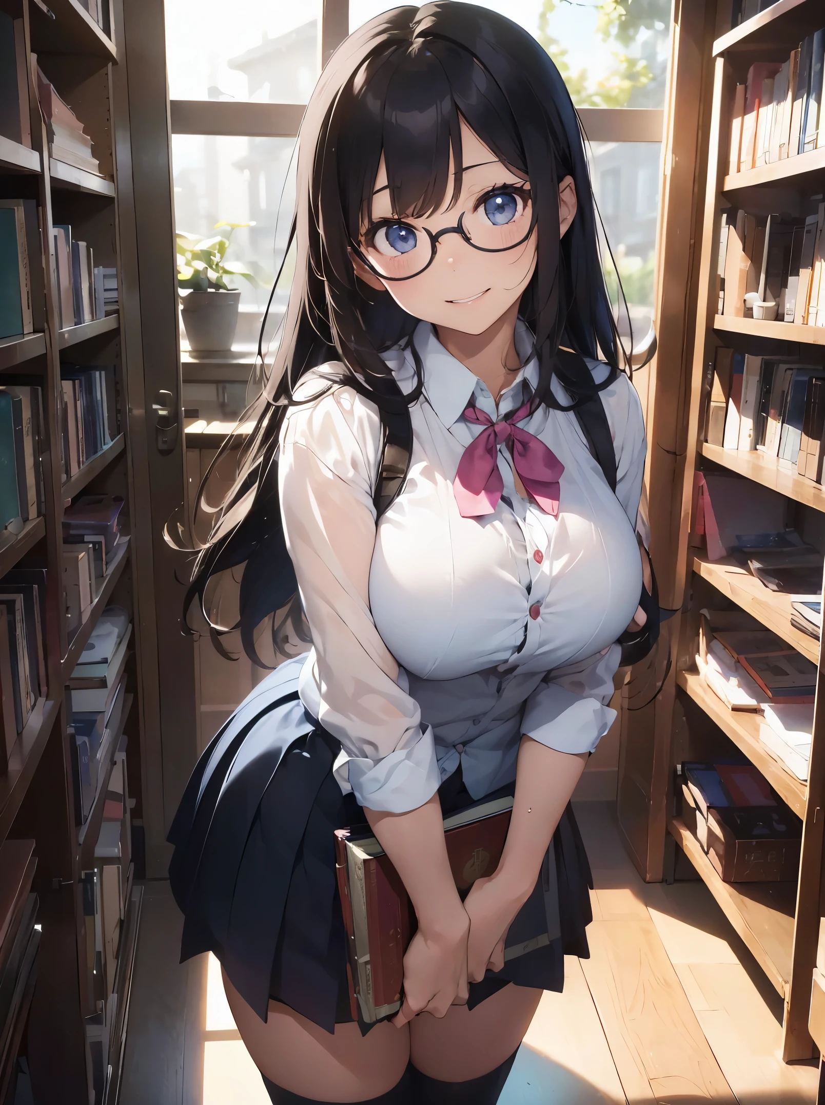 (Portrait of a female college student with round glasses and big breasts, Wearing a blouse, Holding a book, standing in a library with bookshelves, window, dictionary, encyclopedia, and potted plants, It feels scientific) ,(Shiny black hair),(Bright blue eyes),(Pink lips),(School Uniforms),(knee high socks),(A smile),(Cheerful expression),(Standing in a row),(Blurred background),(A clear day),(Soft lighting),(Vivid colors),(sharp detail lines),(Realistic skin texture),(zora々appearance),(Friendly attitude),(Dynamic Poses),(Playful atmosphere),(laught),(confident height)、cleavage of the breast、teats(Portrait of a female college student with round glasses and big breasts, Wearing a blouse, Holding a book, standing in a library with bookshelves, window, dictionary, encyclopedia, and potted plants, It feels scientific) ,(Shiny black hair),(Bright blue eyes),(Pink lips),(School Uniforms),(knee high socks),(A smile),(Cheerful expression),(Standing in a row),(Blurred background),(A clear day),(Soft lighting),(Vivid colors),(sharp detail lines),(Realistic skin texture),(zora々appearance),(Friendly attitude),(Dynamic Poses),(Playful atmosphere),(laught),(confident height)、cleavage of the breast、teats((巨大なtits out、tits out、cleavage of the breast、勃起teatsが透ける、Erotic face)) 、Best Quality,4K,8K,hight resolution,masutepiece:1.2,Ultra-detailed,Realistic:1.37, nffsw,nffsw,Studio Lighting,Ultra-fine painting,Sharp Focus,Physically-based rendering,extreme detail description,Professional,Vivid colors