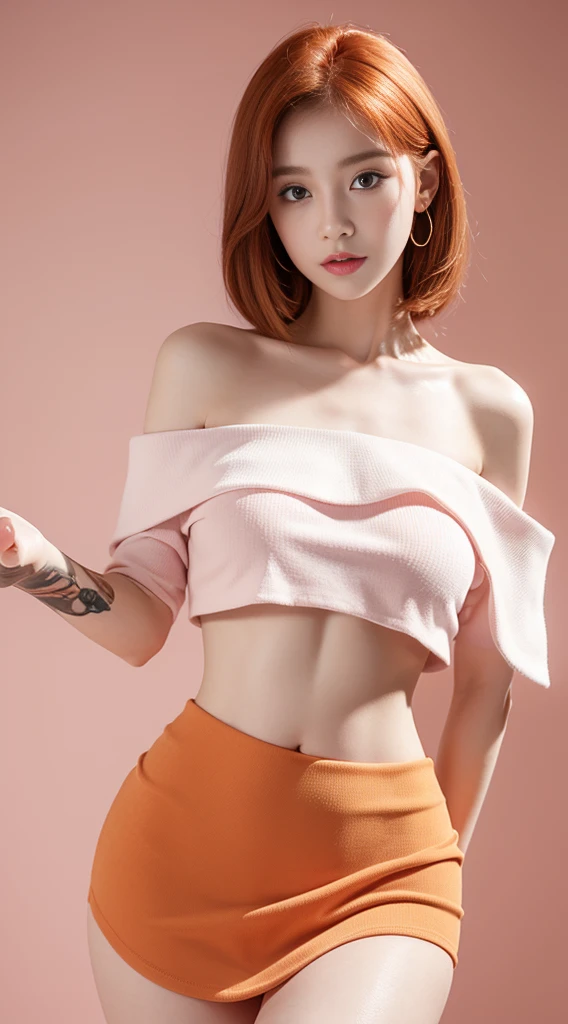 A beautiful woman, wearing (( off shoulder crop top, mini skirt)), pale skin, skin tune pink, perfect body, detailed body, ((big breast, big hips)), cute face, orange hair, super detailed, 8k
