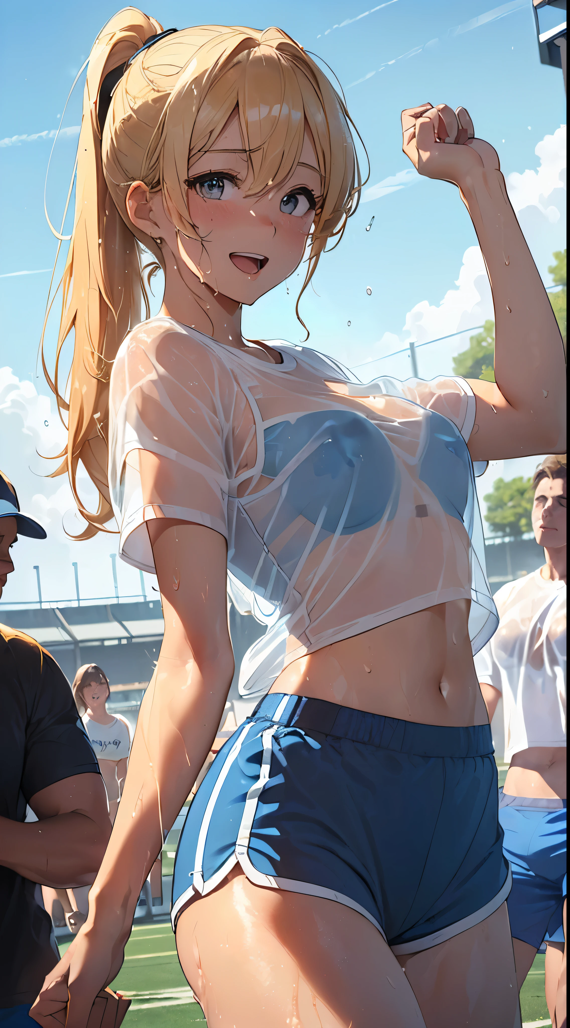 1womanl,Golden hair,14 year old beautiful breasts,(((White see-through short sleeve gym uniform)),((Blue shorts、Smile with open mouth)),((Wet with sweat)),((( portlate))),Crowds,(()),((athletic field)),((())),outside of house,,Beautiful ponytail,(((Bra visible through T-shirt)))((Black Sports Bra))