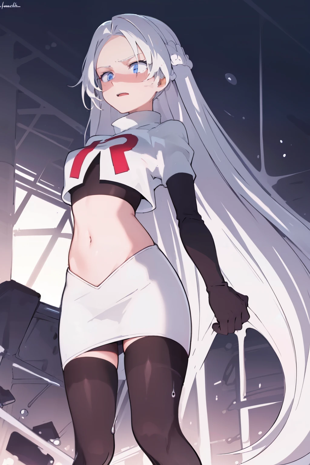 masterpiece, best quality, ultra-detailed, illustration, warm lighting, bright colors, 8K wallpaper, 1girl, solo, very long hair, white hair, blue eyes, wet hair, wet skin,team rocket,team rocket uniform,white skirt,red letter R,crop top,black thigh-highs,black elbow gloves