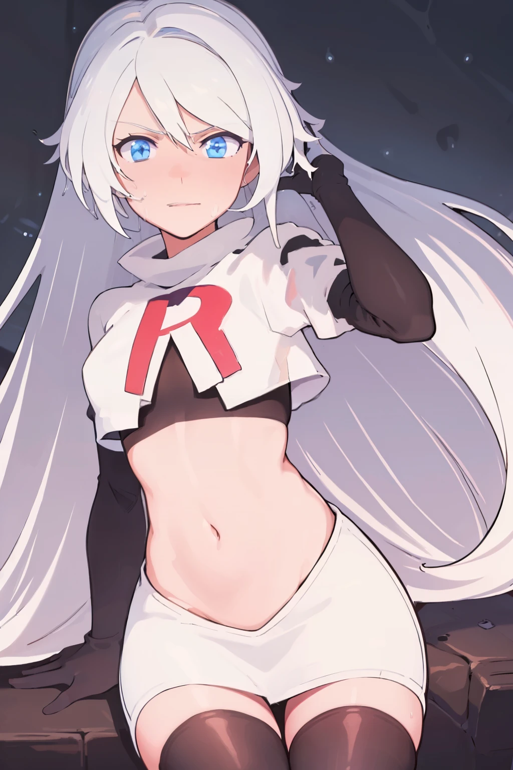 masterpiece, best quality, ultra-detailed, illustration, warm lighting, bright colors, 8K wallpaper, 1girl, solo, very long hair, white hair, blue eyes, wet hair, wet skin,team rocket,team rocket uniform,white skirt,red letter R,crop top,black thigh-highs,black elbow gloves