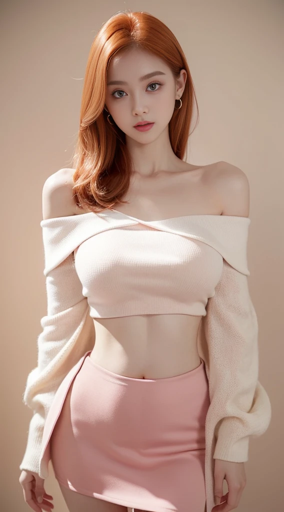 A beautiful woman, wearing (( off shoulder crop top, mini skirt)), pale skin, skin tune pink, perfect body, detailed body, ((big breast, big hips)), cute face, orange hair, super detailed, full body, 8k