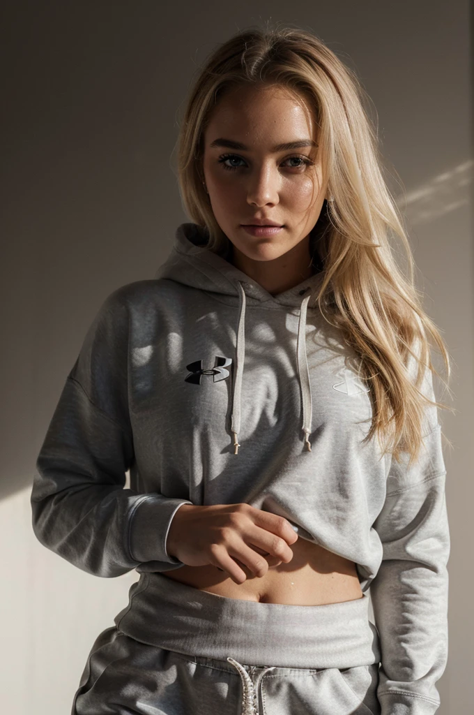 photorealistic, best quality, hyper detailed, beautiful woman with natural dirty blonde hair, photo, full body, solo, wearing a black under armour hoodie and white sweatpants,(comfortable), skin texture, film grain, close up, ultra high res, best shadow, RAW, instagram LUT