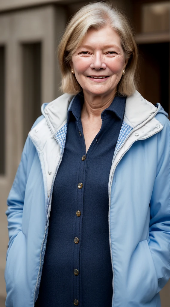 smiling woman with short hair and blue and white jacket, this person does not exist, 60 years old, standing in front of a building, mature facial features, martha stewart-imedla staunton-frances conroy-david hare-cherry jones-harrison ford-susanne klatten merged, entire body visible, full body, hyperrealistic, best quality, 8K, real human skin, masterpiece, extremely intricate, medium closeup, detailed eyes, detailed face, detailed body, exaggerated features, pronounced features