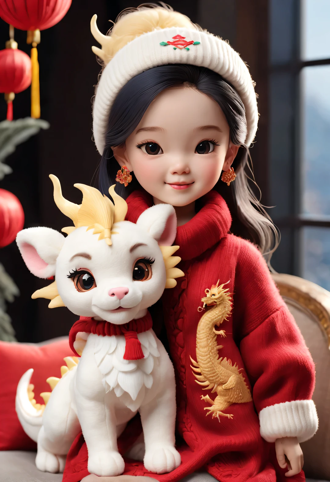 2024 new year plush toy design，（Close up of smiling cute  chinese dragon and barbie doll），Wear high-end, gorgeous and fashionable cashmere and wool fashions in winter，（Exquisite cashmere wool craftsmanship） ， Background with：Dark navy and fiery red，2024 new year elements，golden colored，heavy snow ground， Apply exquisite skills and superb technology，Weave wool into a variety of styles and textures，Pay attention to the edge of the sweater、sutured、Details such as stitching ensure smooth lines of the sweater、Smooth and traceless，Demonstrate perfect craftsmanship quality。
Cute 3d rendering，Cute and detailed digital art，Miniature feeling，stylized 3d render，3d rendered figure art 8k，lovely digital painting，Anime style 3D，Ultra-detailed rendering