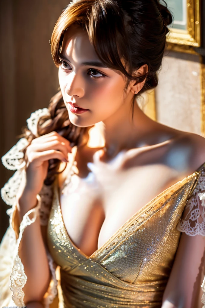 Frenchman,masutepiece, Best Quality, Illustration, Ultra-detailed, finely detail, hight resolution, 8K Wallpaper, Perfect dynamic composition, Beautiful detailed eyes,  Natural Lip, sexy dress , 爆乳 , cleavage, Random sexy poses, Full body