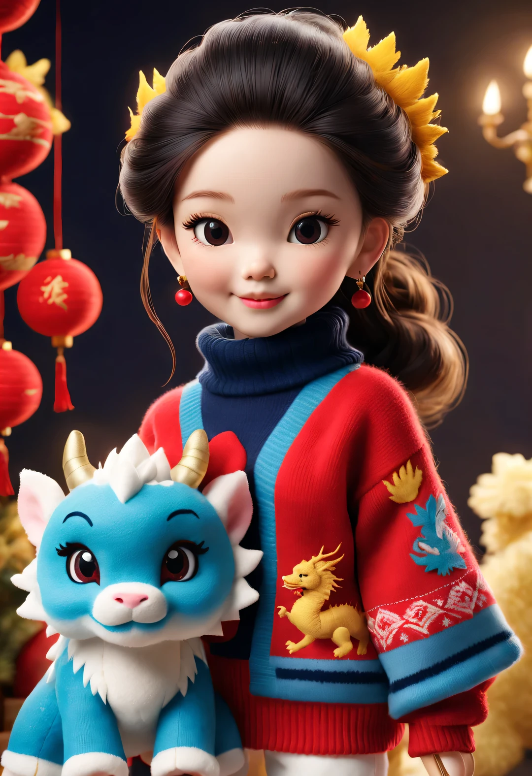 2024 new year plush toy design，（Close up of smiling cute baby chinese dragon and barbie doll），Wear high-end, gorgeous and fashionable cashmere and wool fashions in winter，（Exquisite cashmere wool craftsmanship） ， Background with：Dark navy and fiery red，2024 new year elements，golden colored，heavy snow ground， Apply exquisite skills and superb technology，Weave wool into a variety of styles and textures，Pay attention to the edge of the sweater、sutured、Details such as stitching ensure smooth lines of the sweater、Smooth and traceless，Demonstrate perfect craftsmanship quality。
Cute 3d rendering，Cute and detailed digital art，Miniature feeling，stylized 3d render，3d rendered figure art 8k，lovely digital painting，Anime style 3D，Ultra-detailed rendering