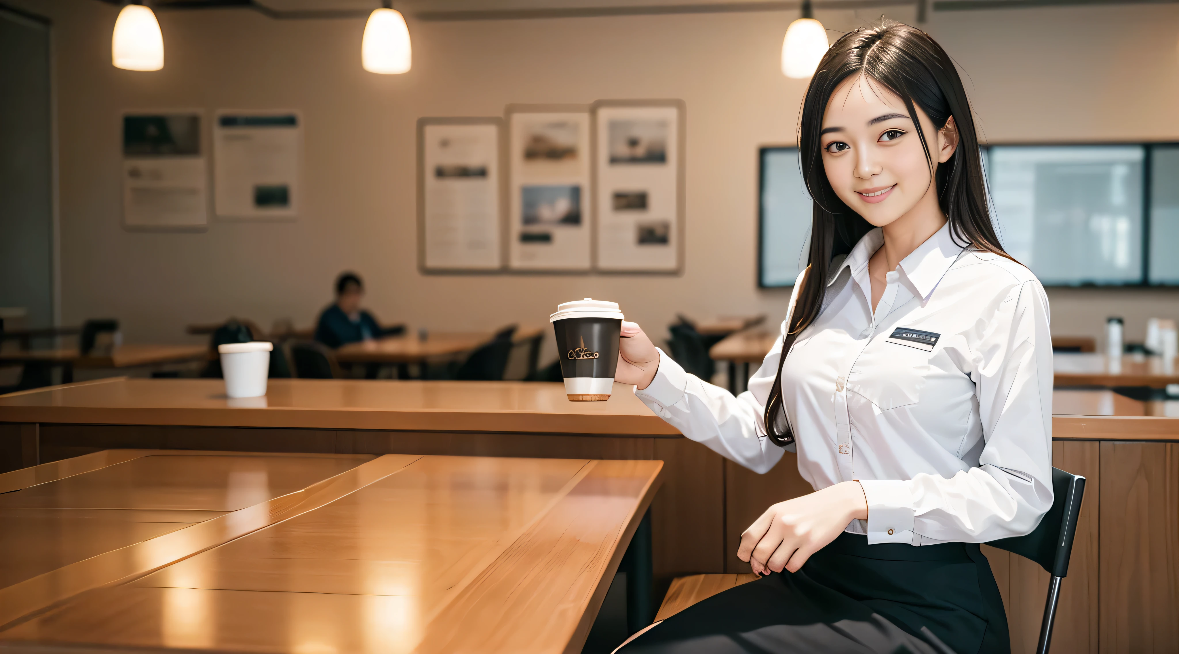 Brunette office beauty, Smiling, Wearing a work shirt and narrow skirt, Sitting in a coffee shop, With a cup of coffee in his hand, drink coffee elegantly, High quality photos, perfect litthing.