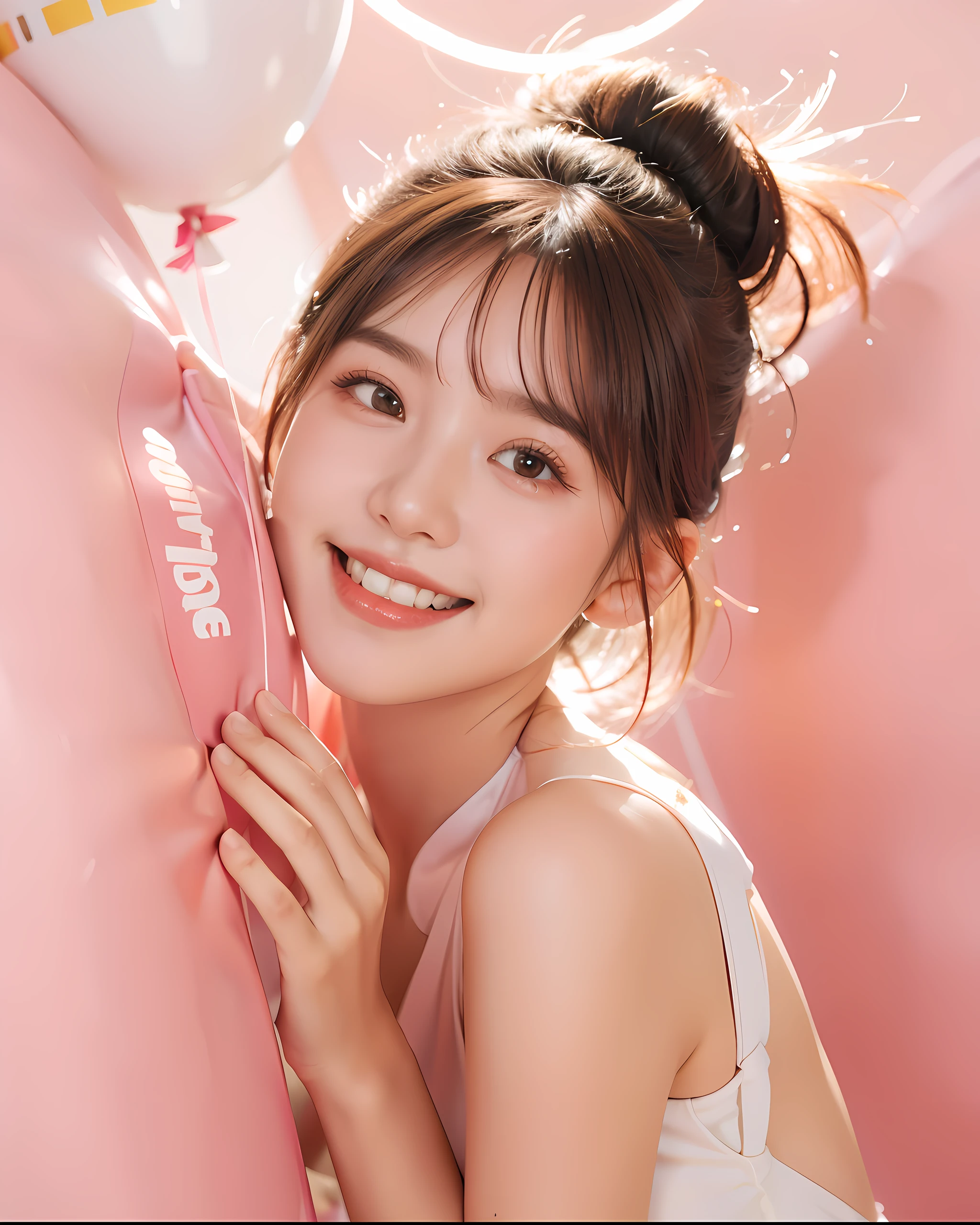 one-girl, Big pink balloon on face, White slip dress, pink back ground, actual, ssmile, Ball head, (((White skin of the, light make-up))), Commercial shooting lighting, 8K,girl