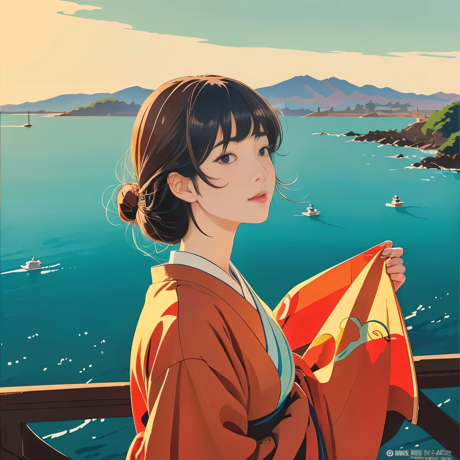 Illustration style、ukiyoe painting、Showa Anime、Woman facing this way、japanes、The morning sun is shining in the background、Shinkai Makoto style、The season is winter、You can see the sea in the distance