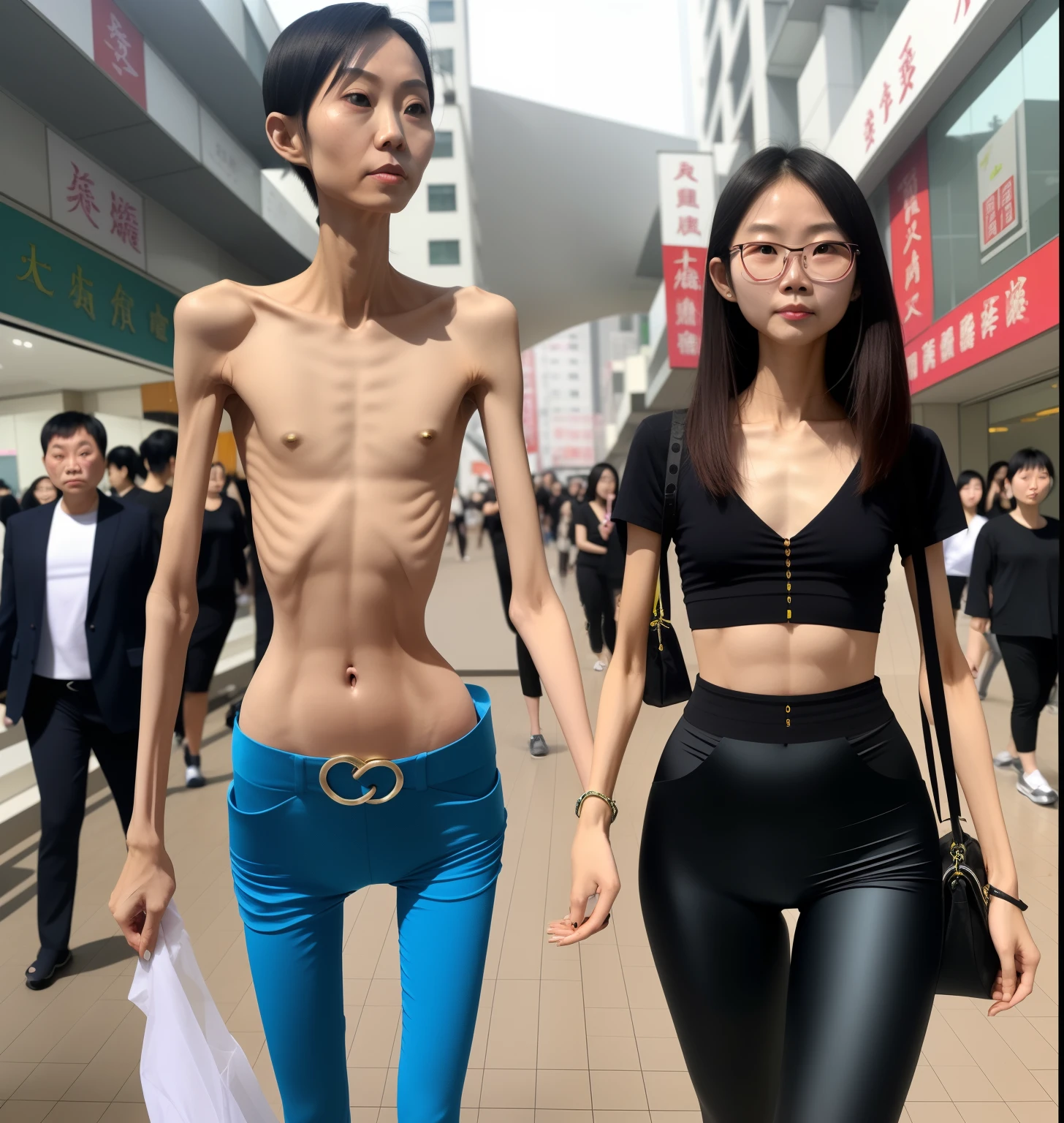 extremely thin woman,with fair skin,The body is very thin,Rib chest,Protruding sternum,The sternum is obvious,The waist is very thin,The ribs are noticeable,Protruding ribs,The pelvic protrusion is very obvious,Clear outline of pelvis,The crotch protrudes,thin shoulde,The waist is very thin,Sunken abdomen,Abdominal muscle atrophy,Delicate arms,arm muscle atrophy,Slender thighs,Short hair details,Asia face,Haggard expression,Excessive weight loss,sunken face,Severe malnutrition