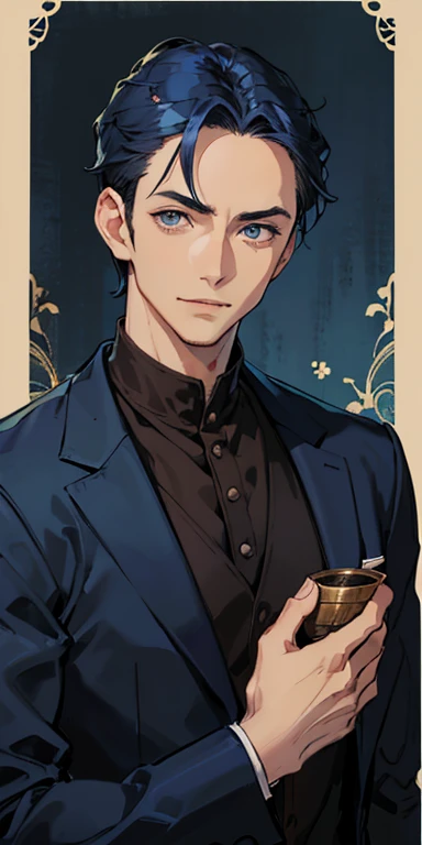 ((masutepiece)), ((Best Quality)), ((Brown skin)), ((Dark blue eyes)), ((Dark blue hair))、Handsome man , ((Very short hair、Forehead)), masculine、tall、A sexy、 man、Sanpaku eyes、Smirk、Suits、handsome man、Shigeru Koura、Firmly、well-muscled、broad shoulders、Allback