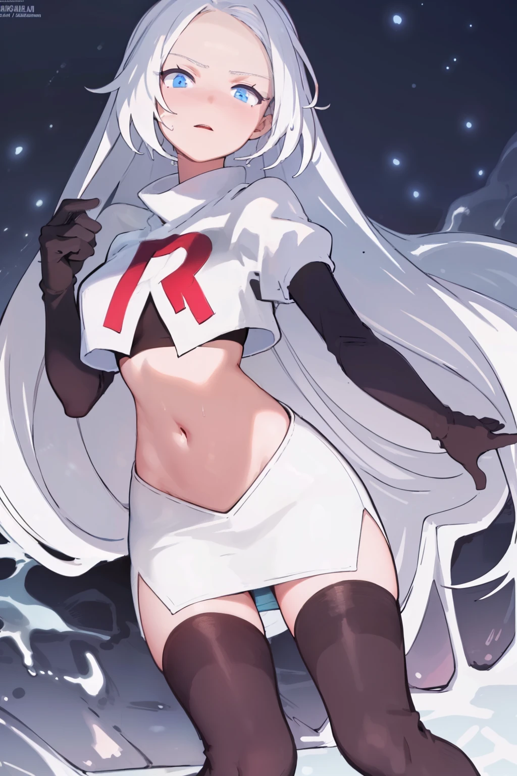 masterpiece, best quality, ultra-detailed, illustration, warm lighting, bright colors, 8K wallpaper, 1girl, solo, very long hair, white hair, blue eyes, wet hair, wet skin,team rocket,team rocket uniform,white skirt,red letter R,crop top,black thigh-highs,black elbow gloves