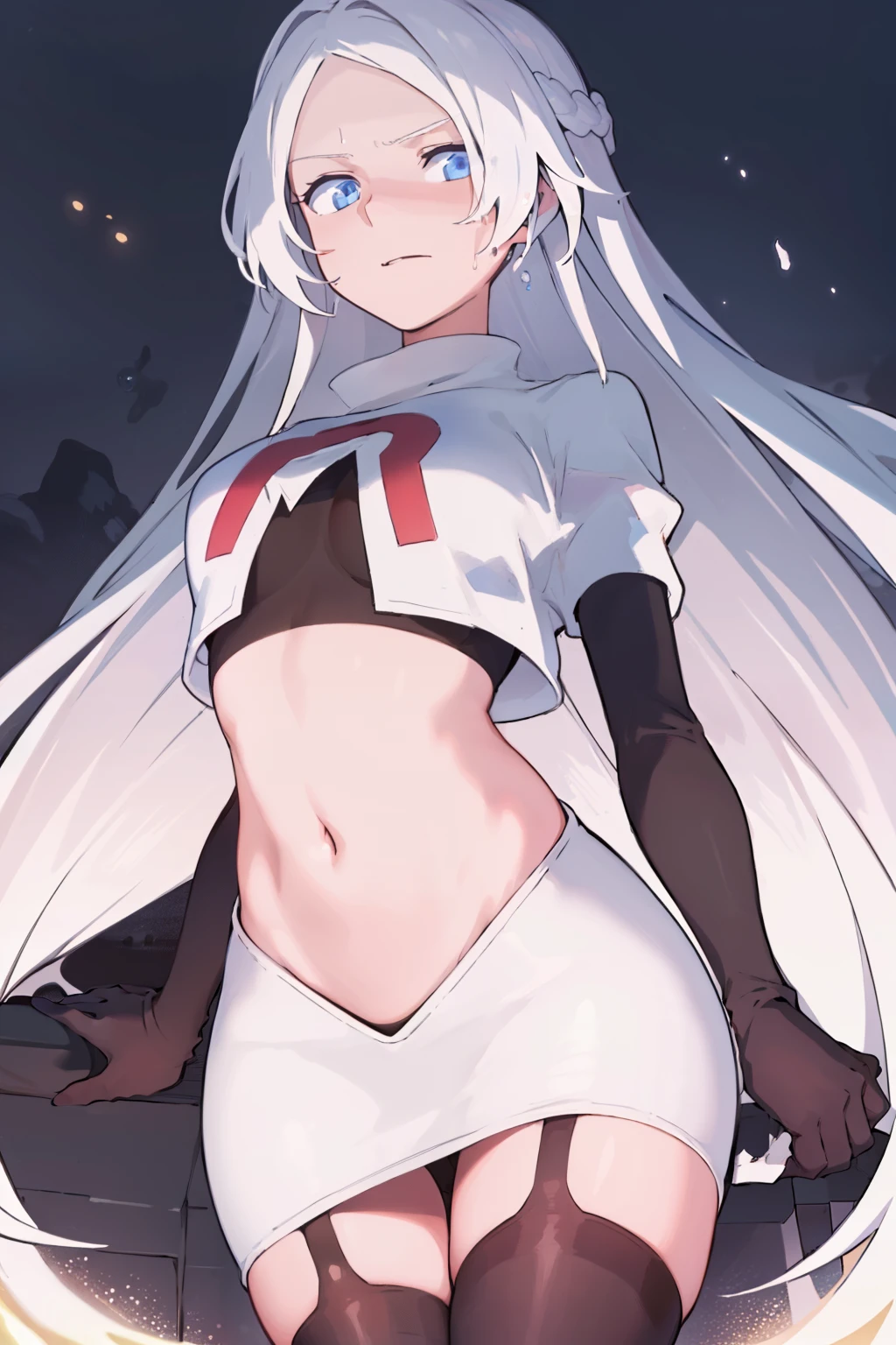 masterpiece, best quality, ultra-detailed, illustration, warm lighting, bright colors, 8K wallpaper, 1girl, solo, very long hair, white hair, blue eyes, wet hair, wet skin,team rocket,team rocket uniform,white skirt,red letter R,crop top,black thigh-highs,black elbow gloves