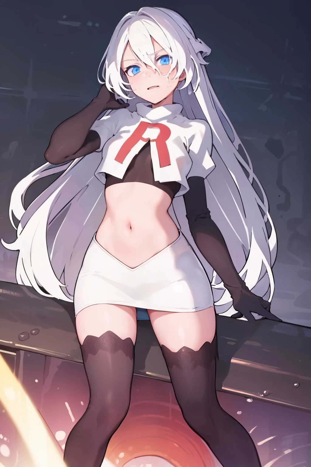 masterpiece, best quality, ultra-detailed, illustration, warm lighting, bright colors, 8K wallpaper, 1girl, solo, very long hair, white hair, blue eyes, wet hair, wet skin,team rocket,team rocket uniform,white skirt,red letter R,crop top,black thigh-highs,black elbow gloves