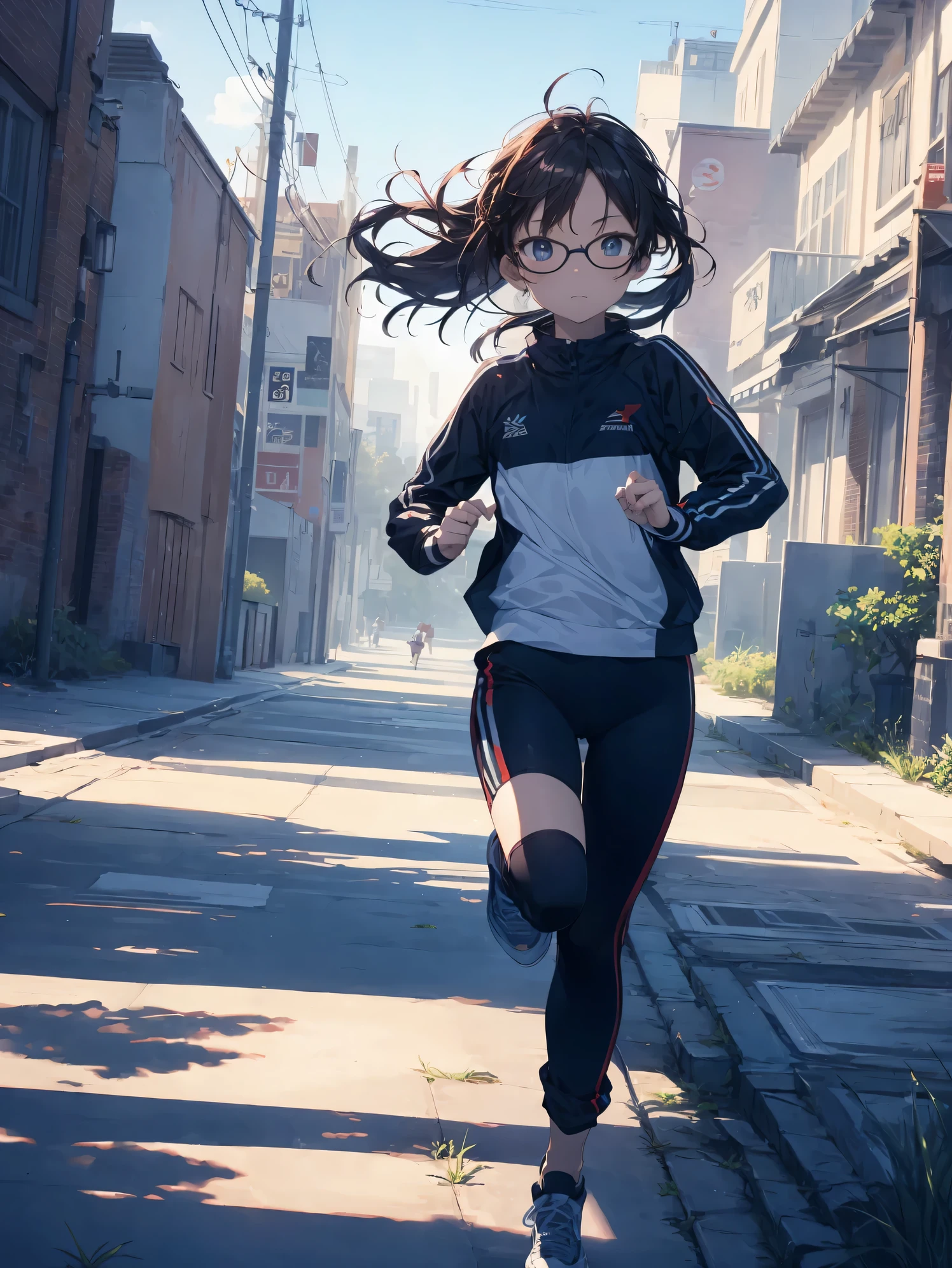 Super high quality by the art god, Ultra-detailed, High resolution, Gwise Style, anime moe art style, Best Anime 8K Konachan Wallpapers, Pixiv Contest Winner, Perfect Anatomy,BREAK,(Please draw a picture of a girl Running alone.),BREAK, a hyperrealistic schoolgirl, (Solo,Lori,child,13years:1.3),Full limbs, complete fingers,a junior high school student, Androgynous attraction, ((Wearing glasses)), hair messy, flat and soft chest, Small butt, groin, Small eyes,Beautiful detailed black eyes, Well-proportioned iris and pupils, High resolution detailed hair, school designated tracksuit,(((Running:1.6))), (Steam breath:1.2),In the park,BREAK,Ultra-detailed細なスキン,Best lighting by famous artists, 8K,Illustration.
