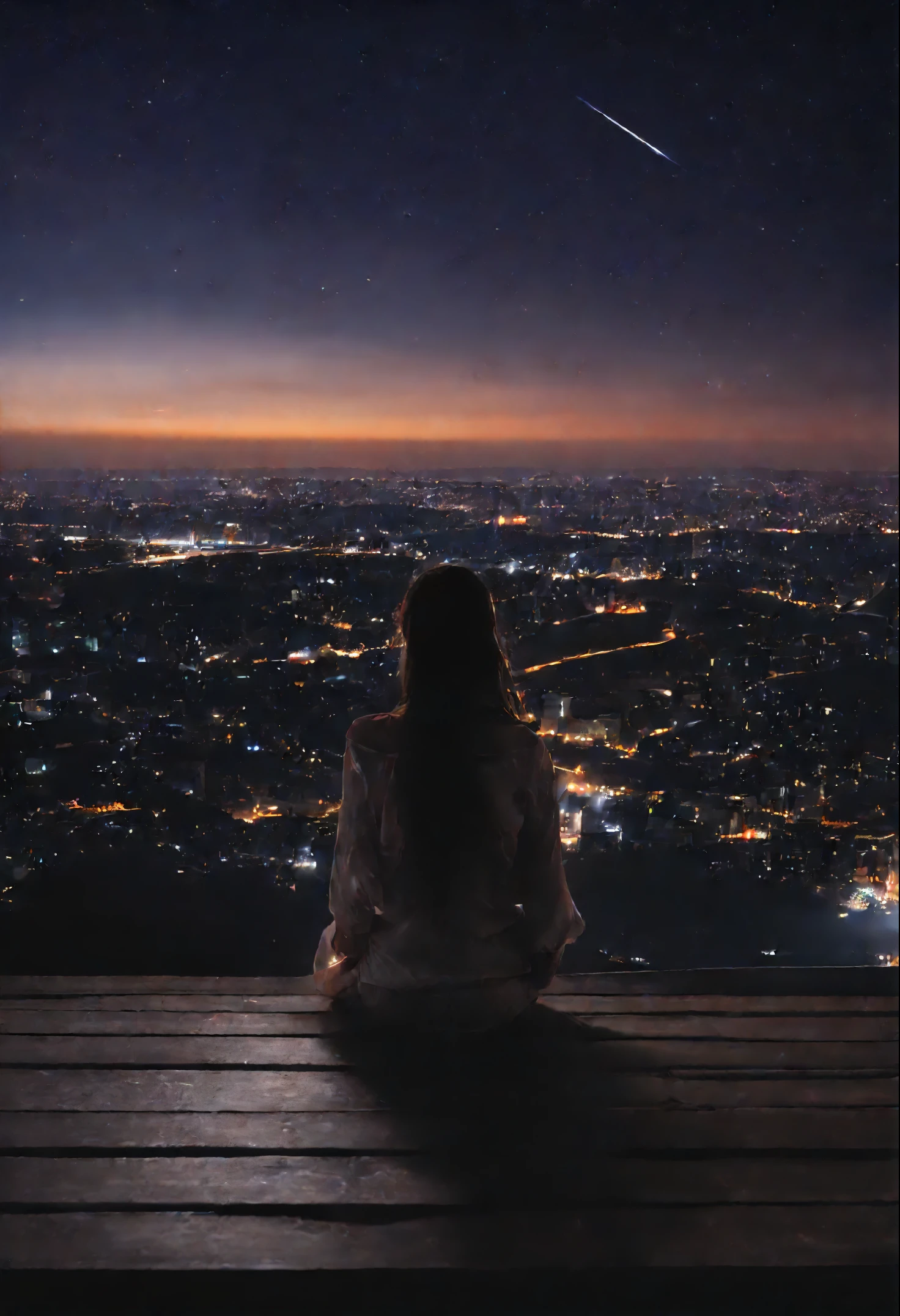 octans, sky, star (sky), scenery, starry sky, night, 1girl, night sky, solo, outdoors, building, cloud, milky way, sitting, tree, long hair, city, silhouette, cityscape