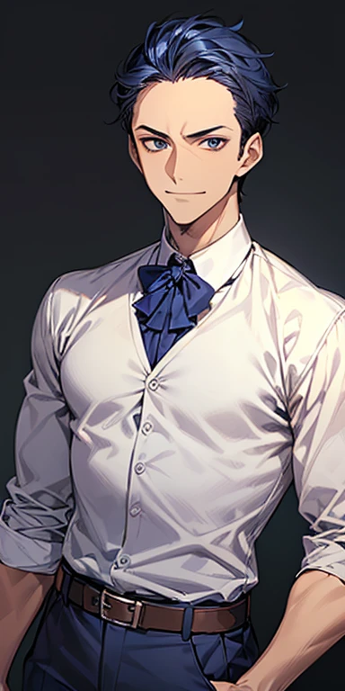 ((masutepiece)), ((Best Quality)), ((Brown skin)), ((Dark blue eyes)), ((Dark blue hair))、Handsome man , ((Very short hair、Forehead)), masculine、tall、A sexy、 man、Sanpaku eyes、Smirk、Suits、handsome man、Shigeru Koura、Firmly、well-muscled、broad shoulders、Allback