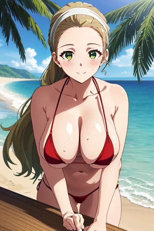 (masterpiece, top-quality, detaile, hight resolution, extremely delicate and beautiful, anime screen cap, anime colours, 8k, photorealistic), akebi sasaki, hairband, long hair, 1girl, dark green eyes, smile, blush, (red Micro Bikini:1.3), (huge drooping breasts:1.5), (Leaning forward:1.8, POV, down arms), (cleavage:1.5, Upper body:1.5, breast focus, hands on leg), (perfect detailed anatomy, Beauty details of breasts and eyes, Shiny skin), thick outline, beach, Sweat