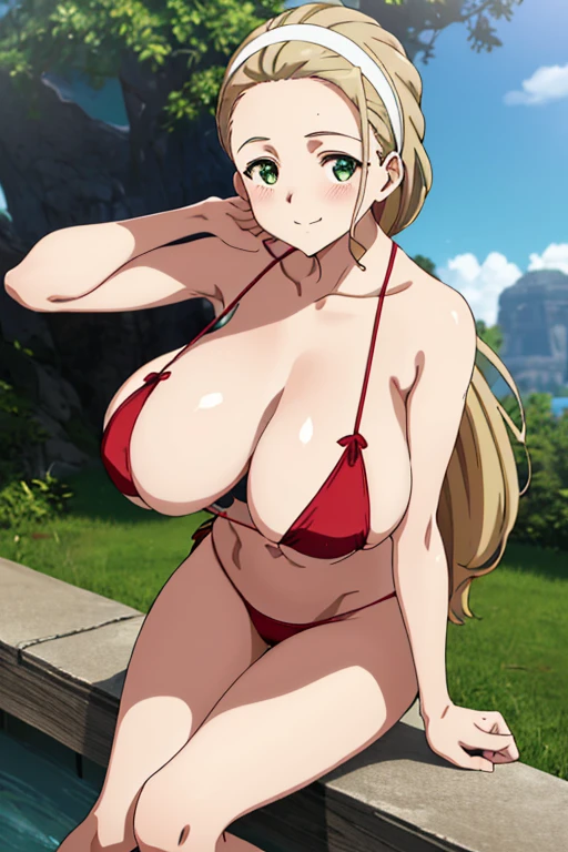 (masterpiece, top-quality, detaile, hight resolution, extremely delicate and beautiful, anime screen cap, anime colours, 8k, photorealistic), akebi sasaki, hairband, long hair, 1girl, dark green eyes, smile, blush, (red Micro Bikini:1.3), (huge drooping breasts:1.5), (Leaning forward:1.8, POV, down arms), (cleavage:1.5, Upper body:1.5, breast focus, hands on leg), (perfect detailed anatomy, Beauty details of breasts and eyes, Shiny skin), thick outline, beach, Sweat
