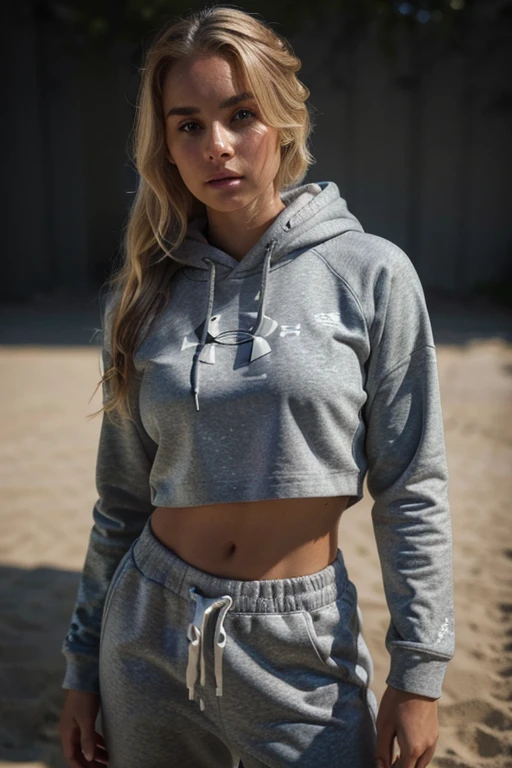 photorealistic, best quality, hyper detailed, beautiful woman with natural dirty blonde hair, photo, full body, solo, wearing a black under armour hoodie and white sweatpants,(comfortable), skin texture, film grain, close up, ultra high res, best shadow, RAW, instagram LUT