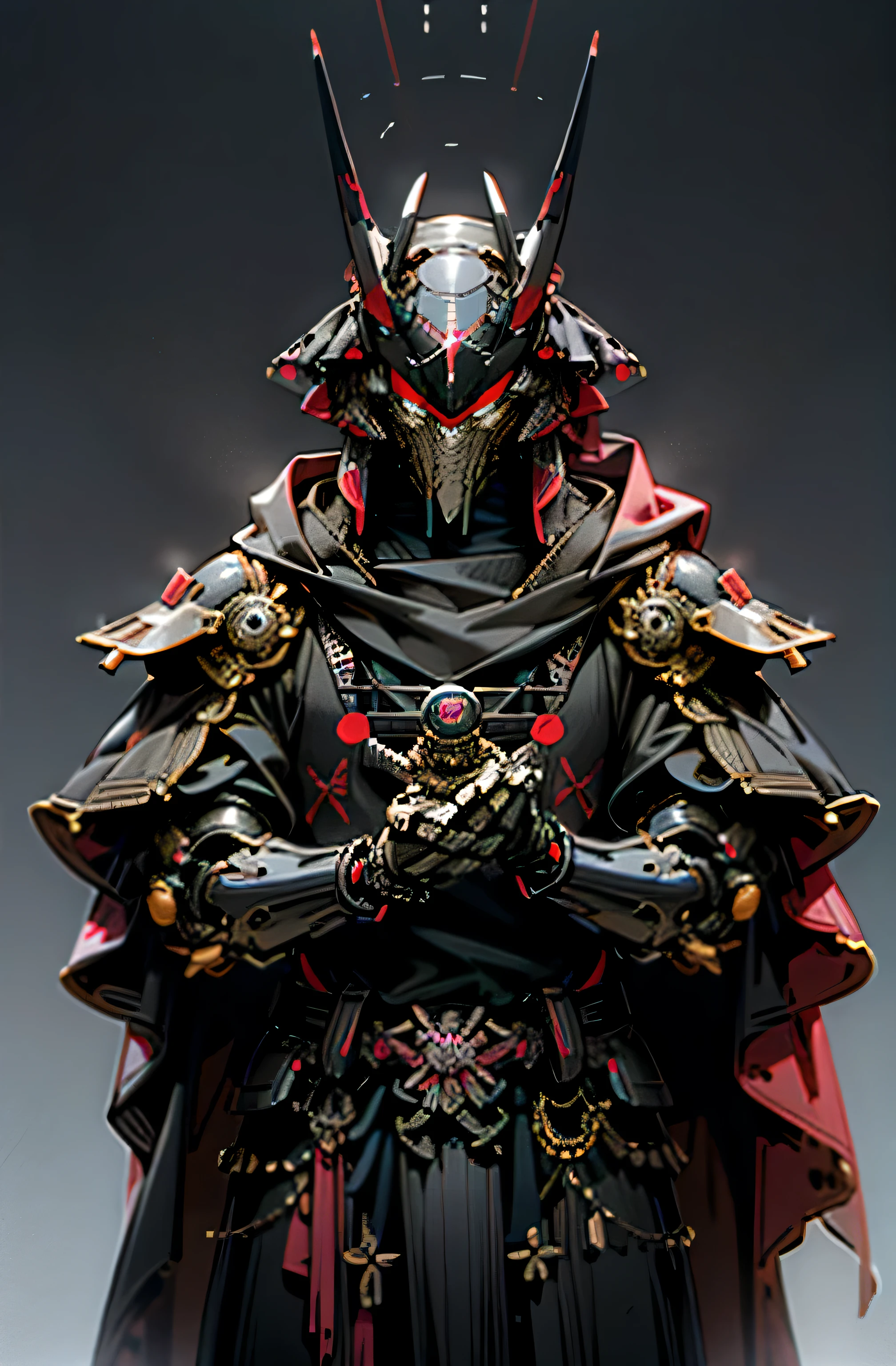 4k, high quality image, Dark_Fantasy,Cyberpunk,1manMechanical marvel,Robotic presence,Cybernetic guardian, samurai mechanical armour, holding a katana on the waist with both hands, absolutely stunning art,wearing a black cloak, highest quality art, highest resolution ancient cyberpunk Japanese village at background, hyper detailed,black and red, futuristic, samurai robot, atmospheric,8k,64k, HD, unparalleled masterpiece, dynamic lighting, cinematic, epic, cinematic lights, ultra detailed