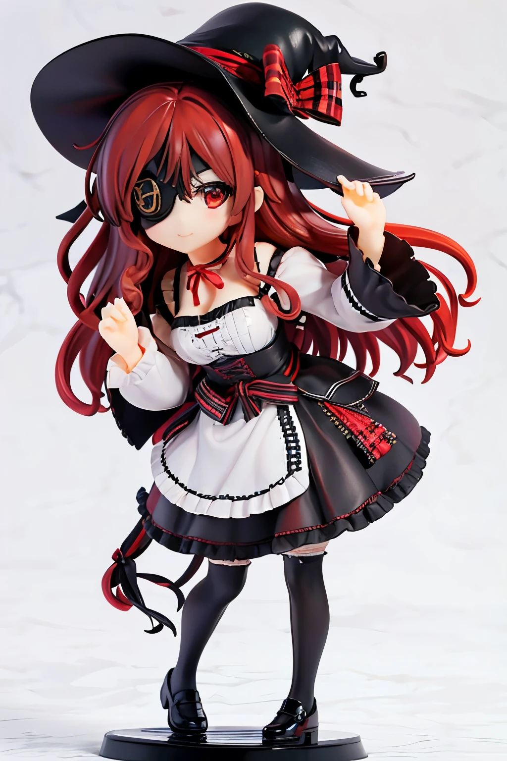 ((best quality)), ((masterpiece)), (detailed), perfect face, ((eyepatch:1.2)), (long hair:1.4), (red hair, red eyes:1.4), Hwa Ryun, smile, 1girl, solo, hat, big hat, skirt, legging, witch hat, dirndl gown, black headwear, black dirndl gown, smile, black skirt, looking at viewer, black legging, long sleeves, bangs, ribbon, frilled skirt, frills, plaid, bow, open clothes, blush, neck ribbon, Star shape eyepatch, gold eyepatch, standing, red neck ribbon, wide sleeves, black robe, open robe, robe, hand on waist, medium breasts, full body, hollow eyes, white background, Action figure girl, nendoroid